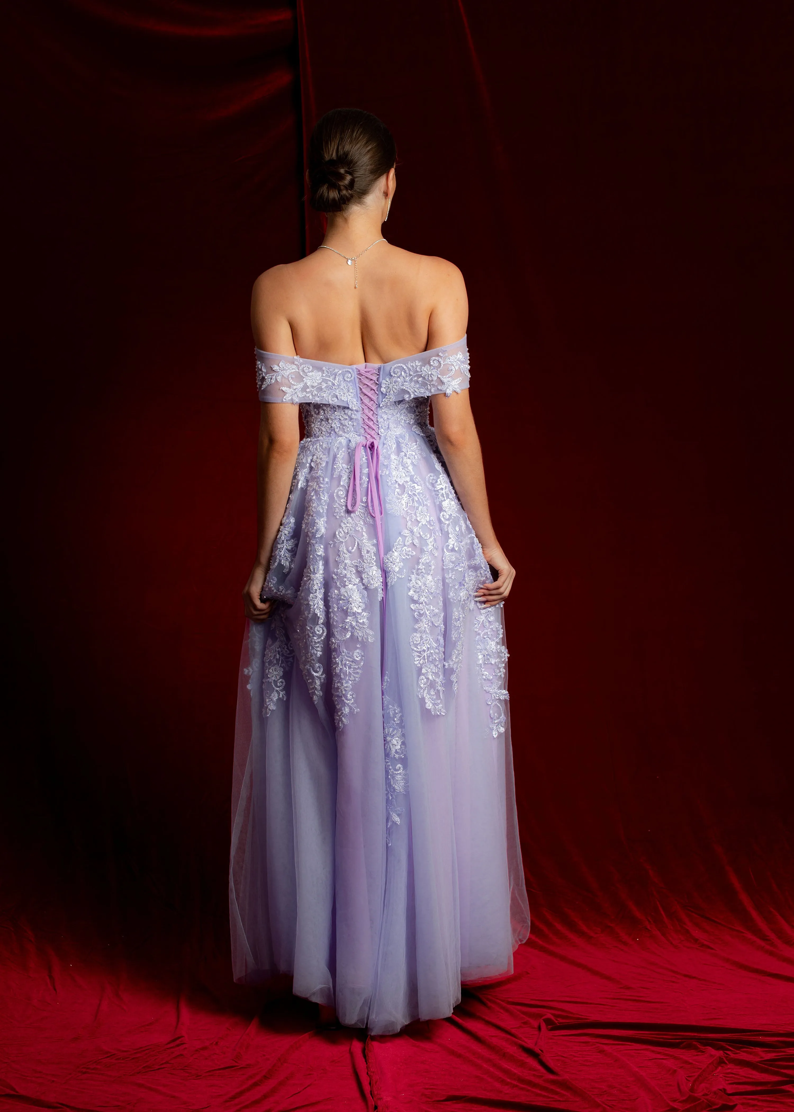 Pastel purple lace princess dress with off the shoulder sleeves