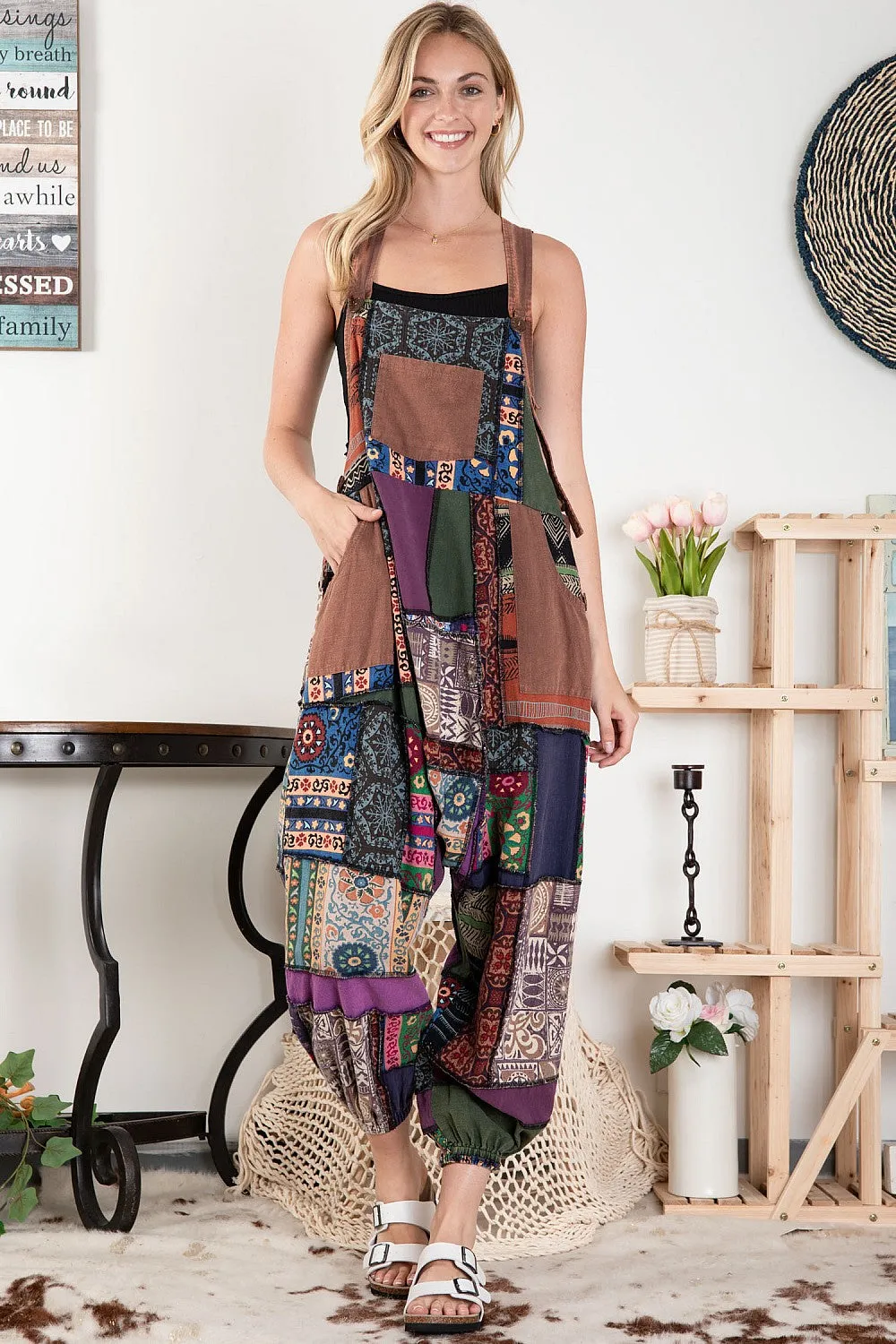 Patchwork Print Overall Baggy Jumpsuit