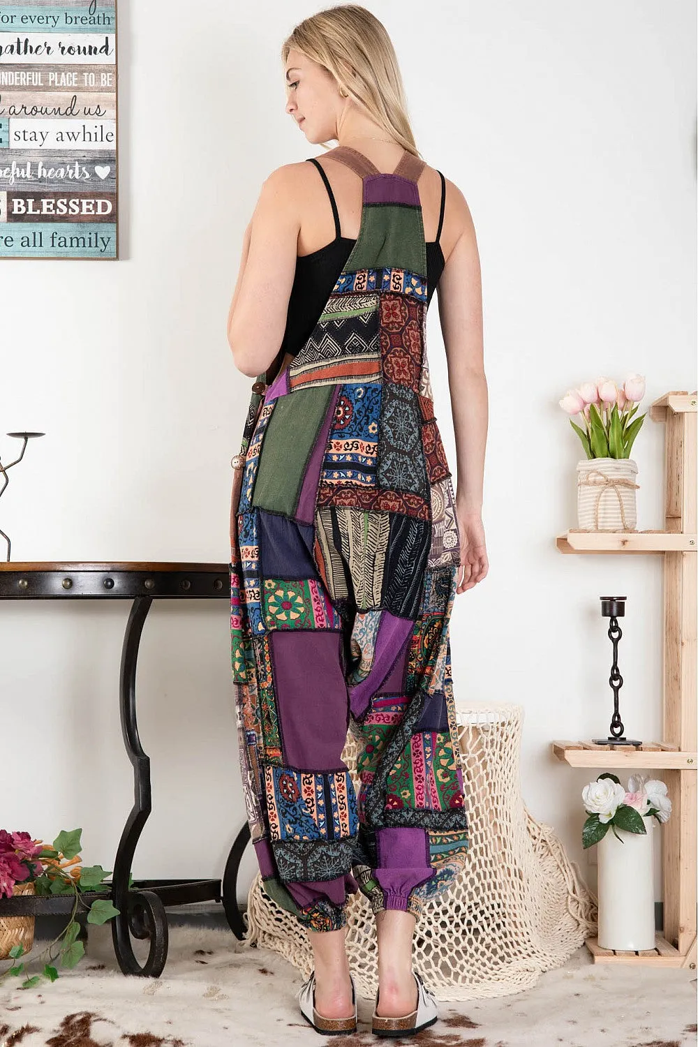 Patchwork Print Overall Baggy Jumpsuit