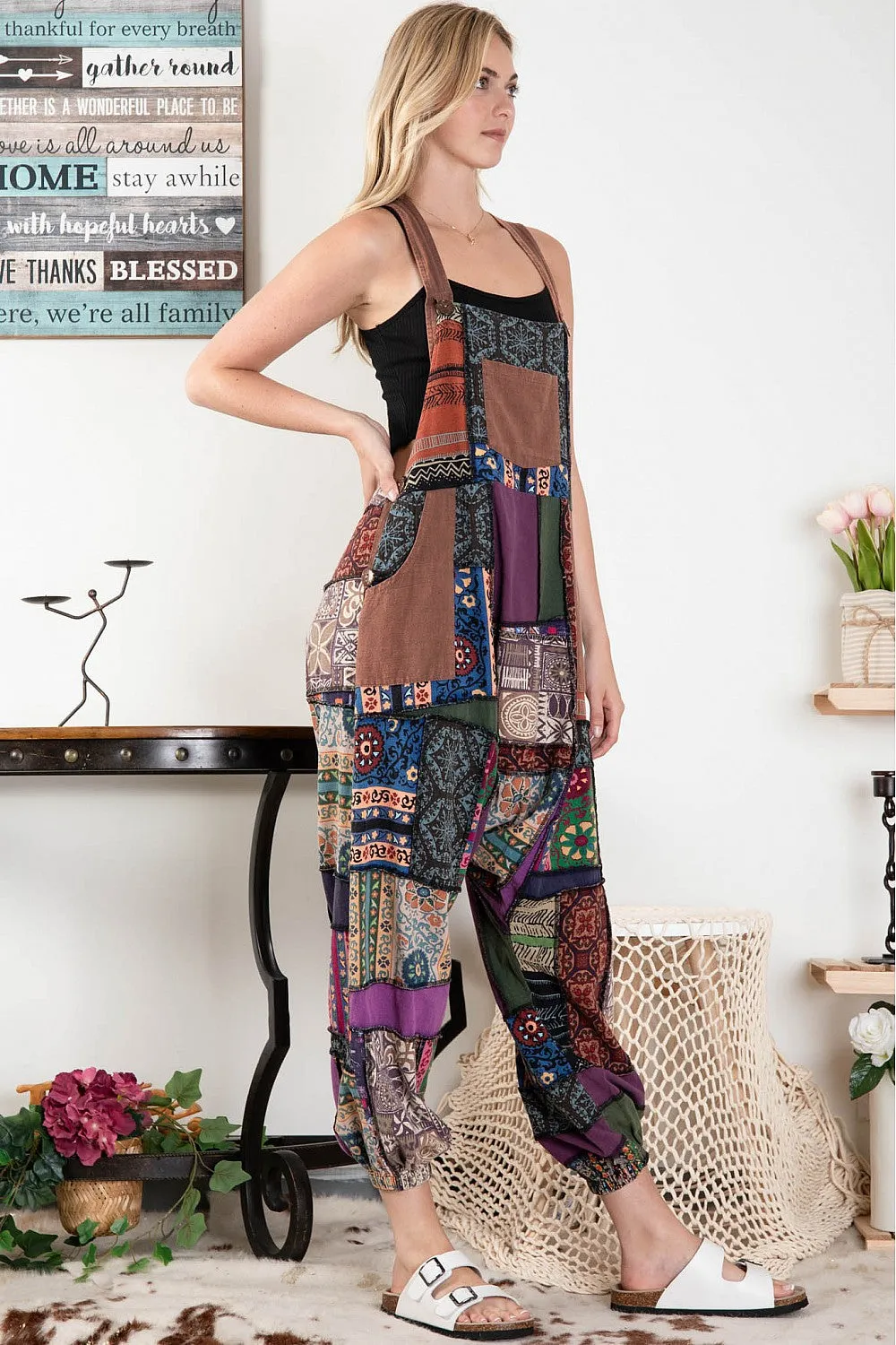 Patchwork Print Overall Baggy Jumpsuit