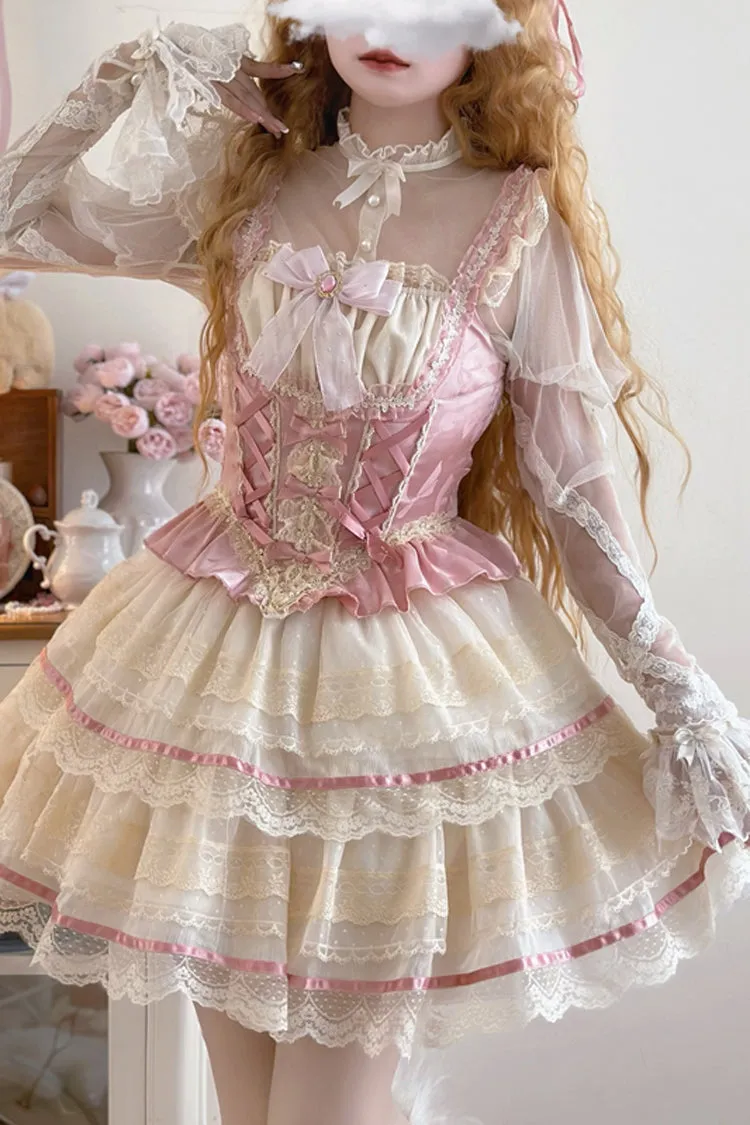 Pink [Girl Love] Double-Layered Bowknot Lace Sweet Ballet Lolita Skirt Set