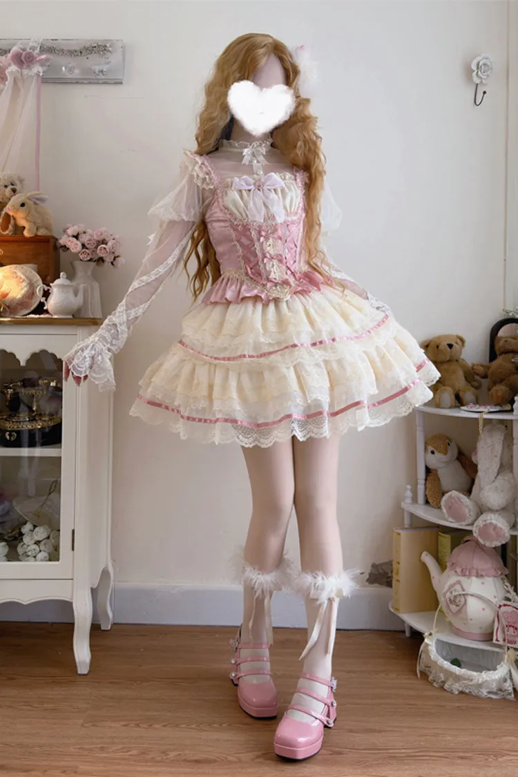 Pink [Girl Love] Double-Layered Bowknot Lace Sweet Ballet Lolita Skirt Set