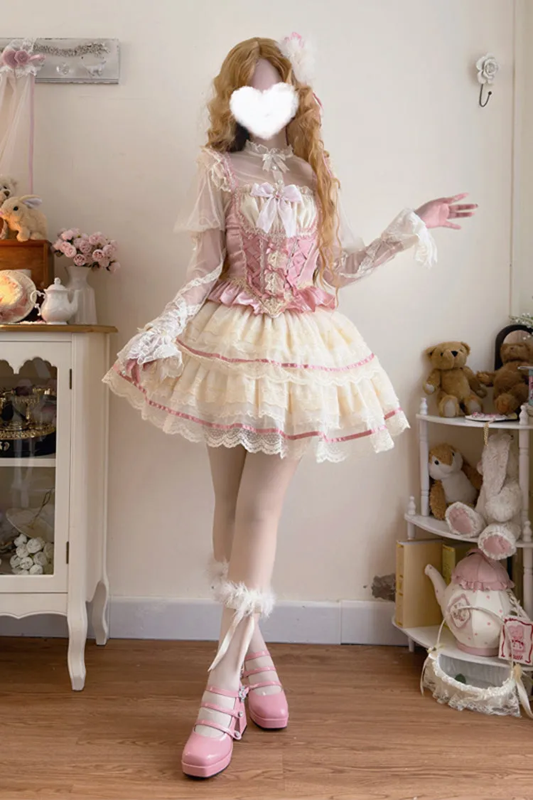 Pink [Girl Love] Double-Layered Bowknot Lace Sweet Ballet Lolita Skirt Set