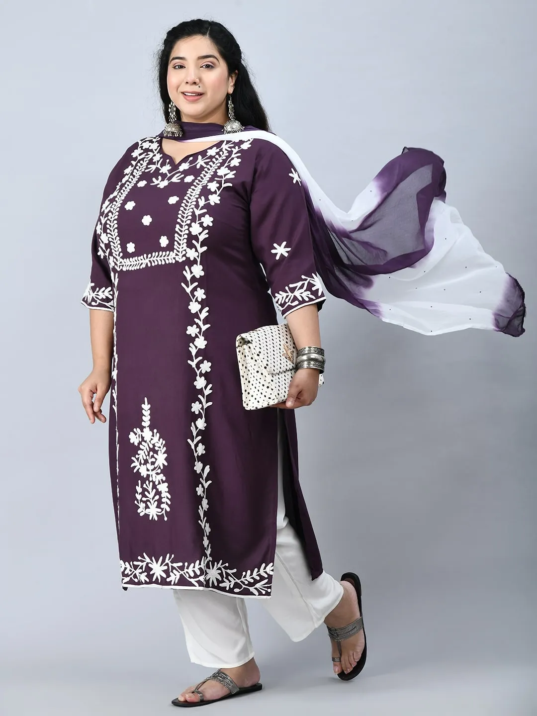 Plus Size Poetic Purple Embroidered Kurta Pant Set with Dupatta