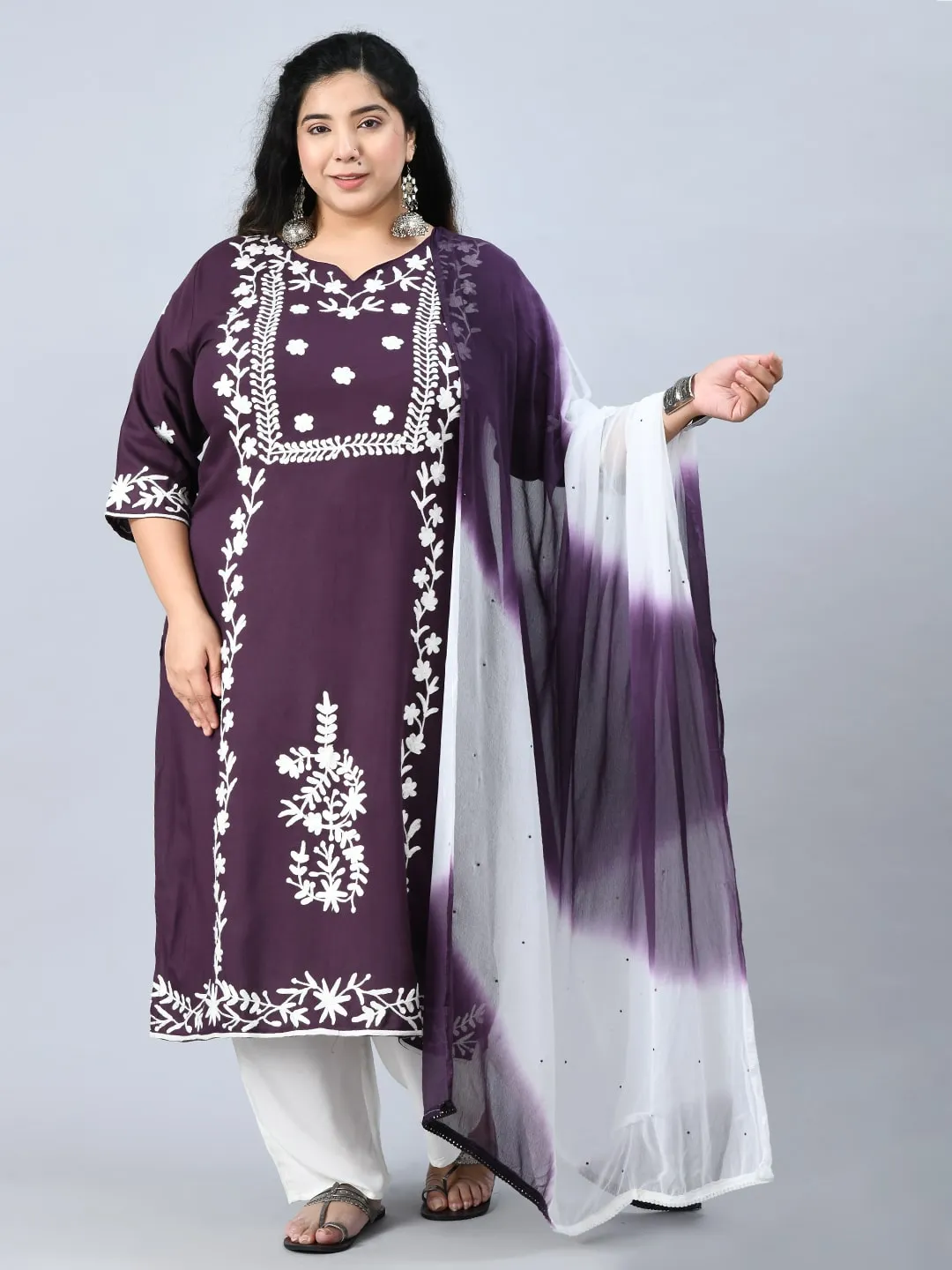 Plus Size Poetic Purple Embroidered Kurta Pant Set with Dupatta