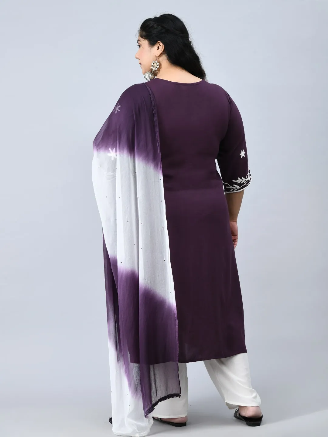 Plus Size Poetic Purple Embroidered Kurta Pant Set with Dupatta