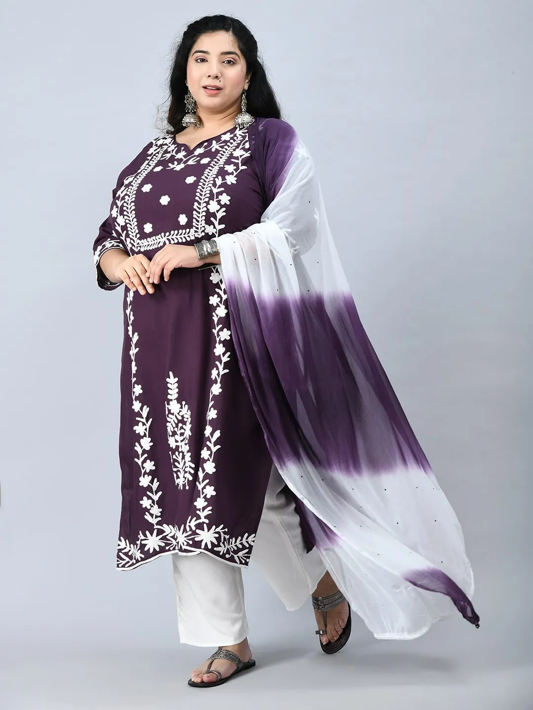 Plus Size Poetic Purple Embroidered Kurta Pant Set with Dupatta