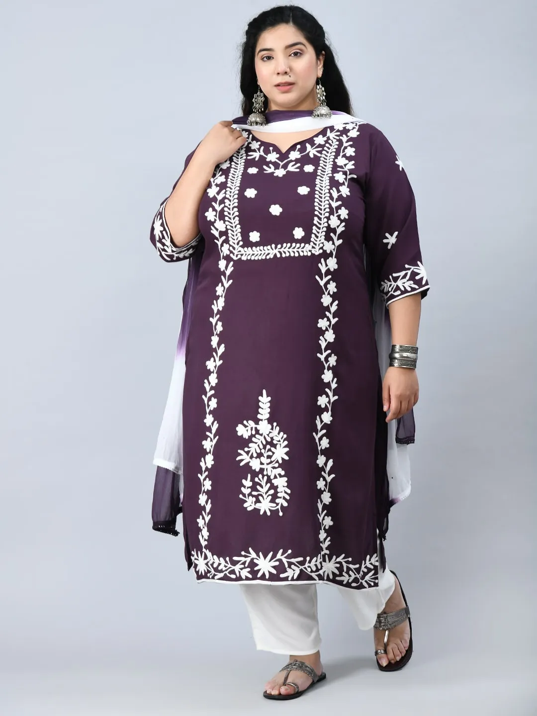 Plus Size Poetic Purple Embroidered Kurta Pant Set with Dupatta