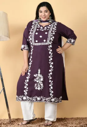 Plus Size Poetic Purple Embroidered Kurta Pant Set with Dupatta