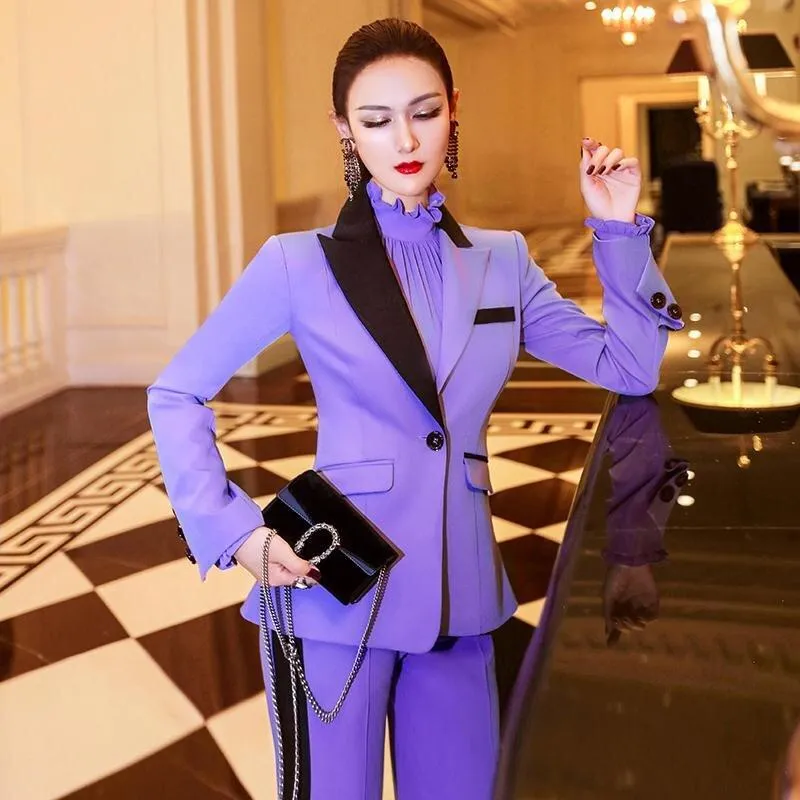 Purple Professional Suit Jacket Micro-flared Pants - Ulia