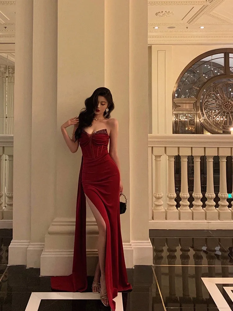 Red strapless dress new banquet sexy slit party long dress     S5642