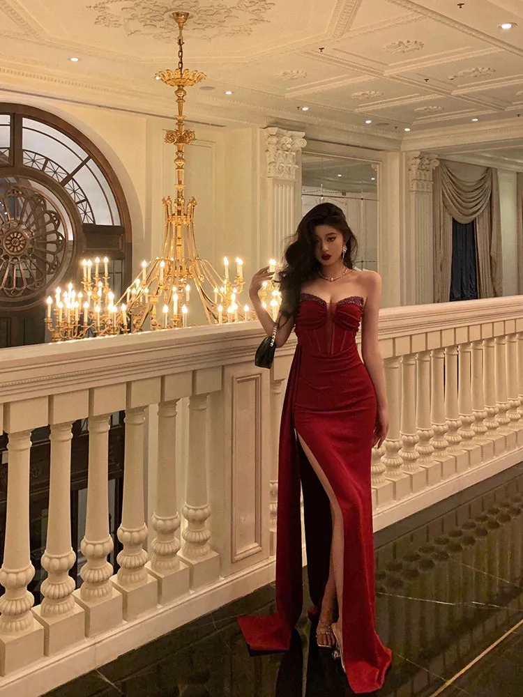 Red strapless dress new banquet sexy slit party long dress     S5642