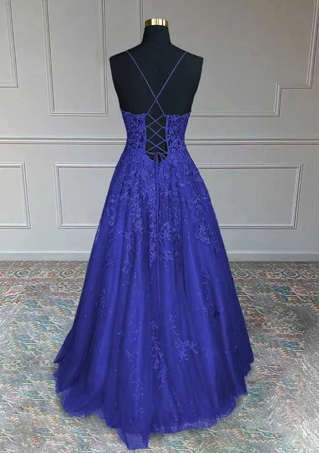 Royal Blue Prom Dresses, A-line V Neck Spaghetti Straps Long/Floor-Length Tulle Prom Dress With Appliqued Beading Glitter       fg5413