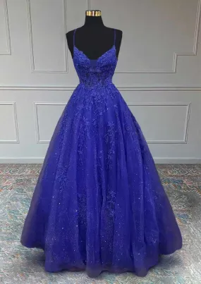 Royal Blue Prom Dresses, A-line V Neck Spaghetti Straps Long/Floor-Length Tulle Prom Dress With Appliqued Beading Glitter       fg5413