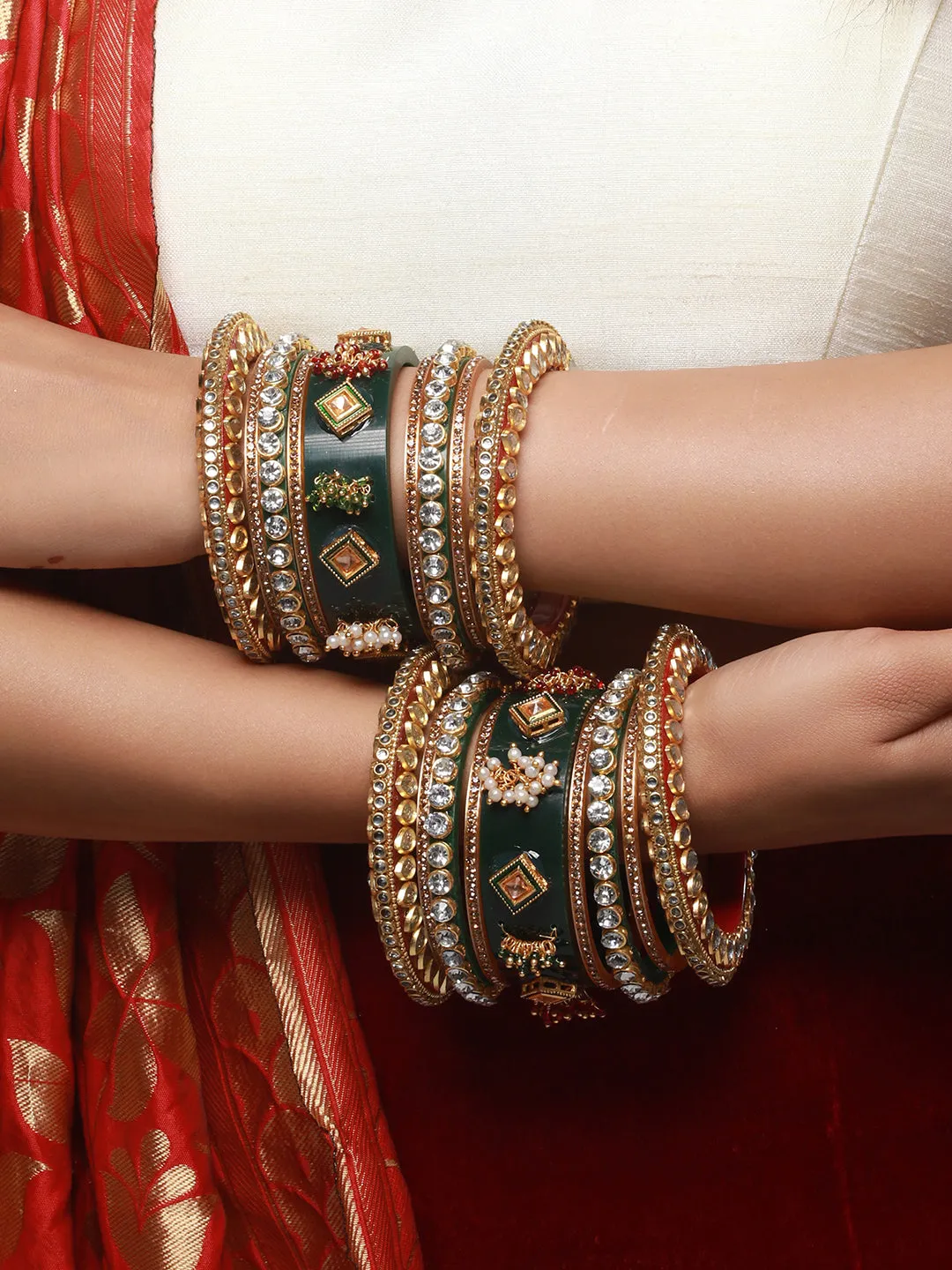 Set Of 18 Gold-Plated Stone-Studded & Beaded Green Chuda Bangles