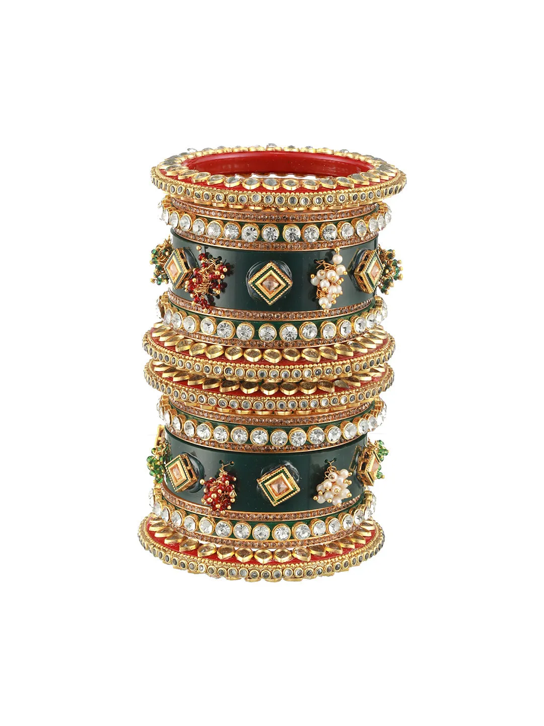 Set Of 18 Gold-Plated Stone-Studded & Beaded Green Chuda Bangles