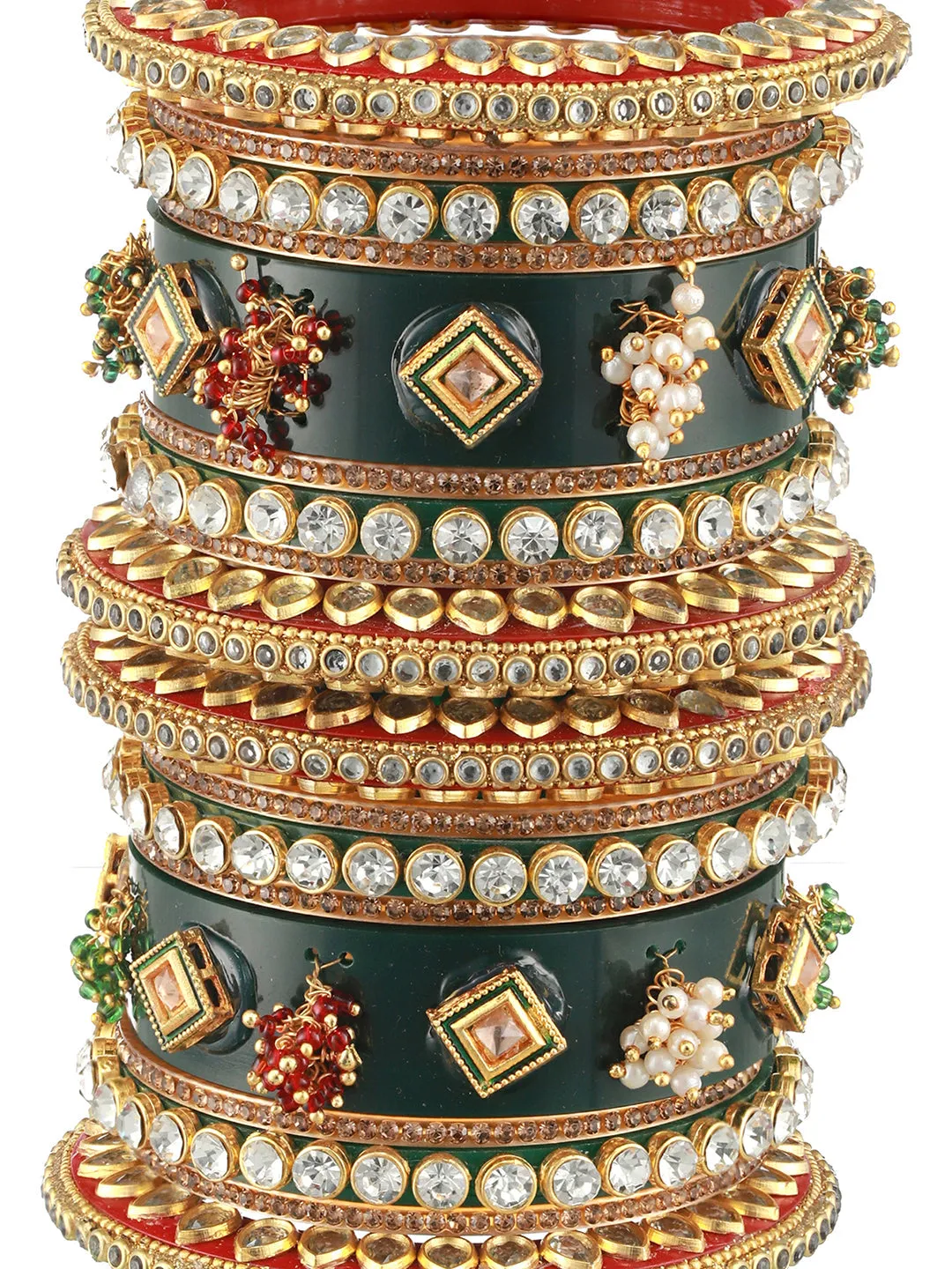 Set Of 18 Gold-Plated Stone-Studded & Beaded Green Chuda Bangles