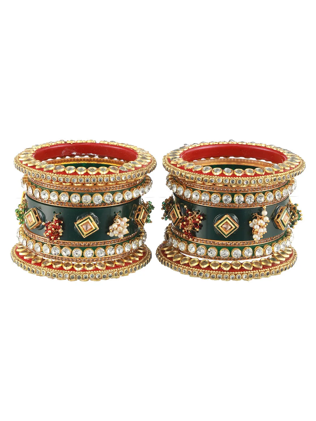 Set Of 18 Gold-Plated Stone-Studded & Beaded Green Chuda Bangles