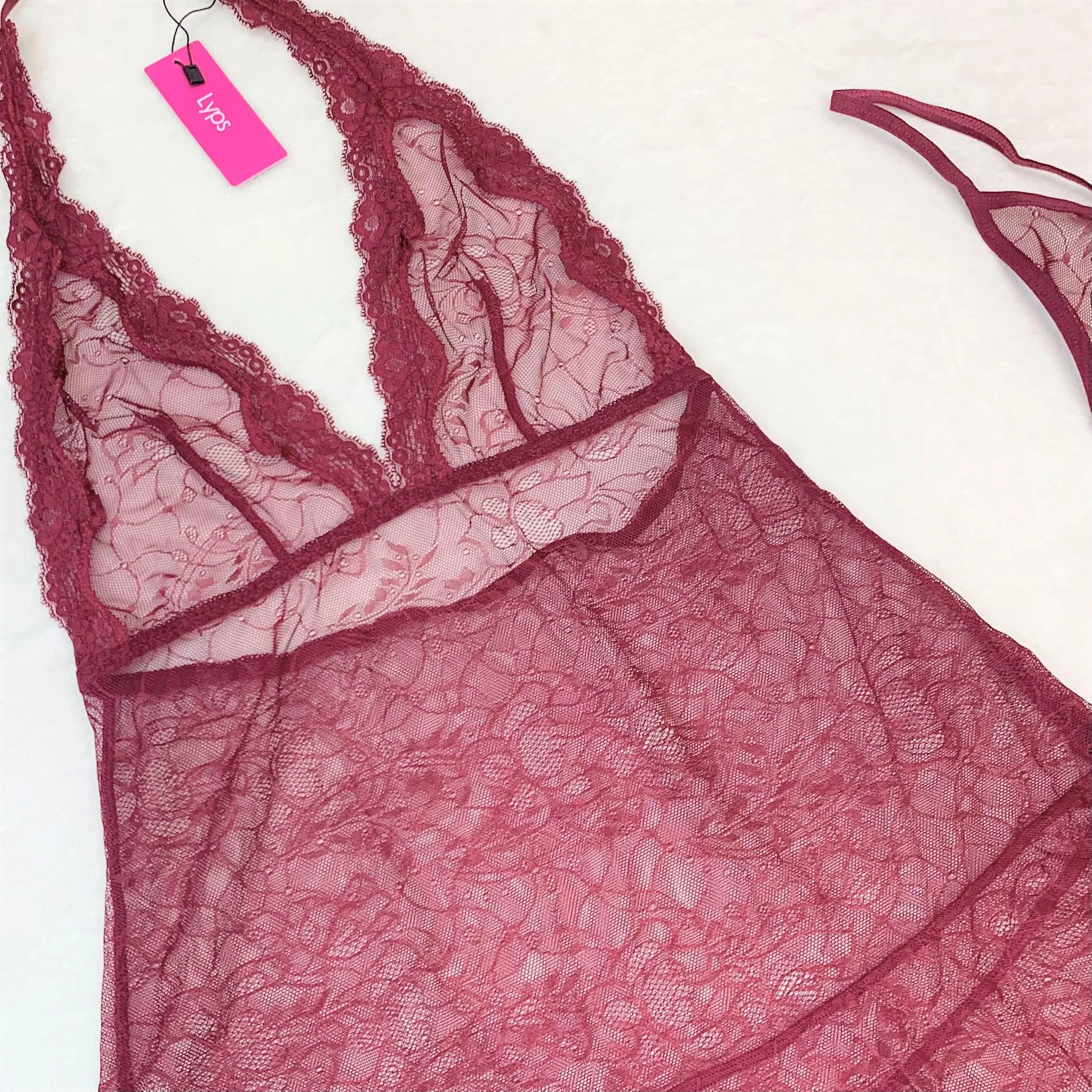 Sexy Lace Halter Chemise Lingerie Set - Merlot Elegance