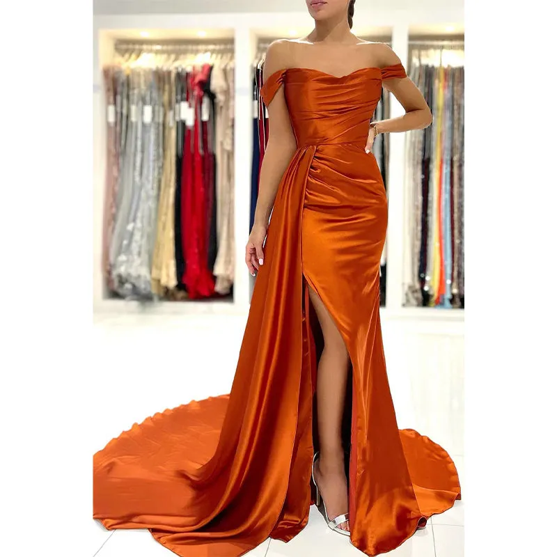 Sheath Sweetheart Pleats High Split Long Prom Formal Gowns