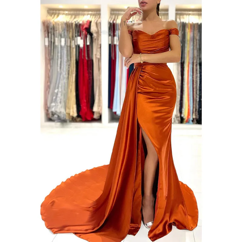 Sheath Sweetheart Pleats High Split Long Prom Formal Gowns