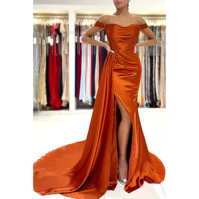 Sheath Sweetheart Pleats High Split Long Prom Formal Gowns