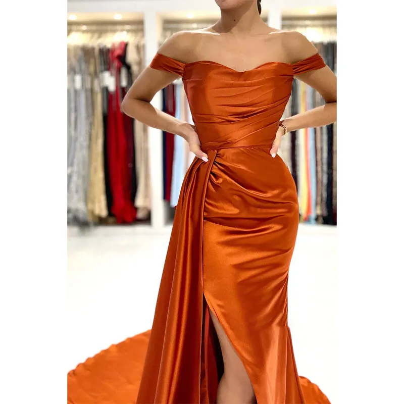 Sheath Sweetheart Pleats High Split Long Prom Formal Gowns