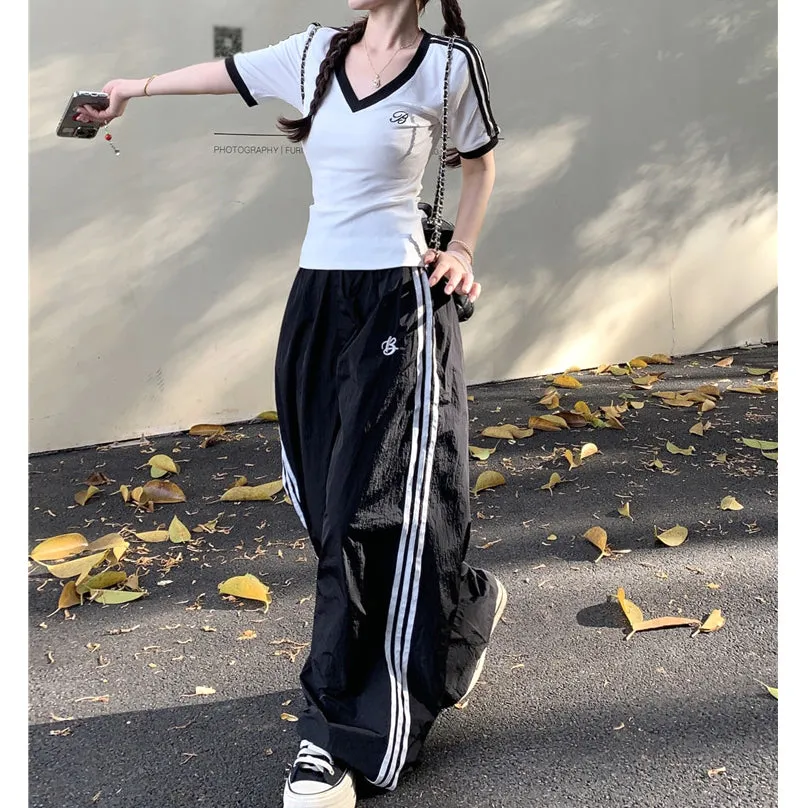 Short-Sleeved V-Neck T-Shirt Sports Striped Pants Set