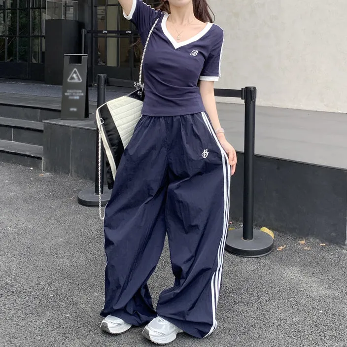 Short-Sleeved V-Neck T-Shirt Sports Striped Pants Set