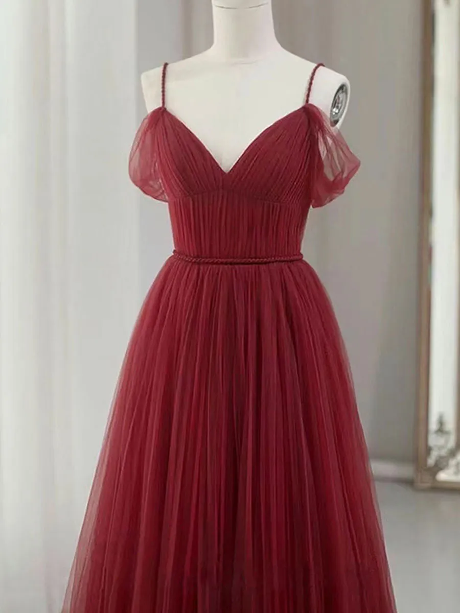 Simple V neck Tulle Burgundy Long Prom Dress, Burgundy Tulle Formal Dresses