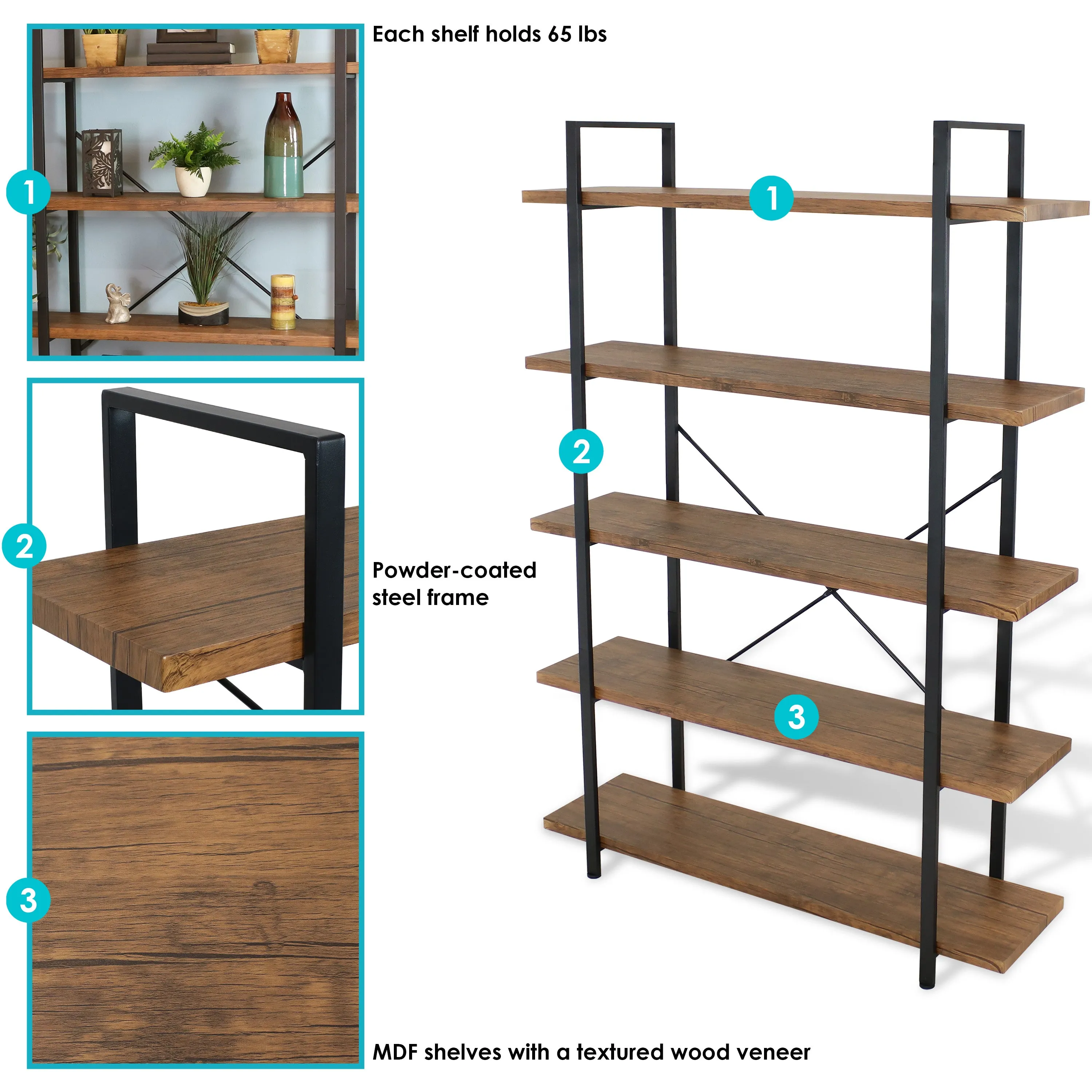 Sunnydaze 5-Tier Industrial Style Open Bookshelf