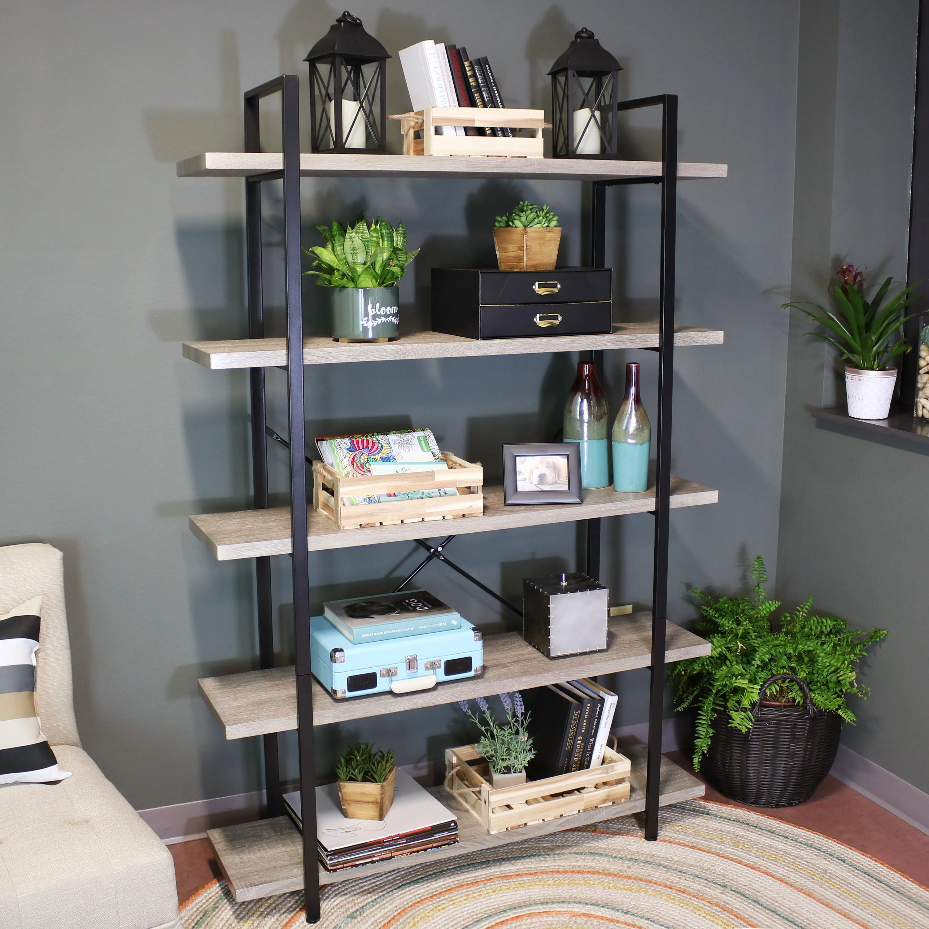 Sunnydaze 5-Tier Industrial Style Open Bookshelf