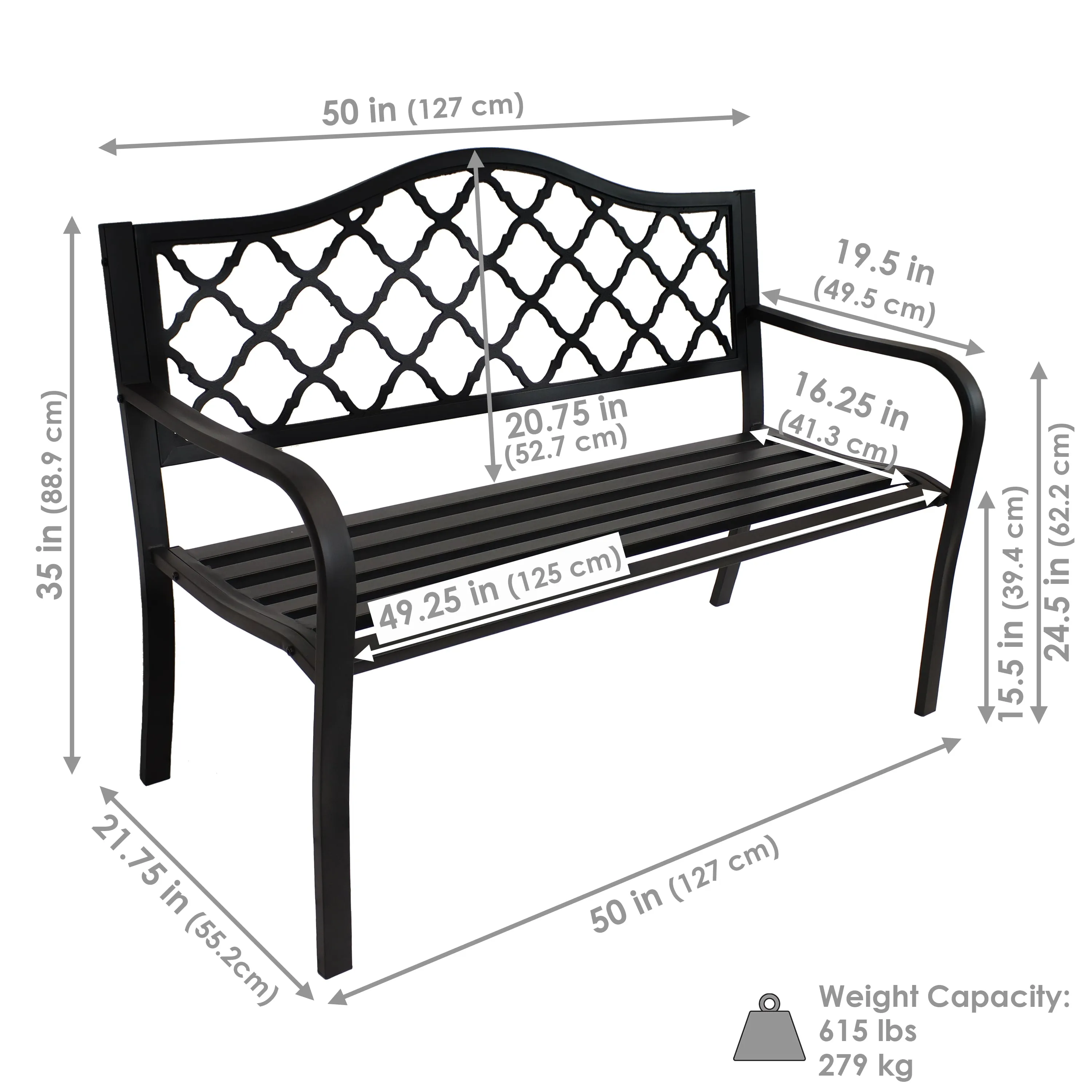 Sunnydaze 50" Outdoor Black Cast Iron Lattice Patio Bench