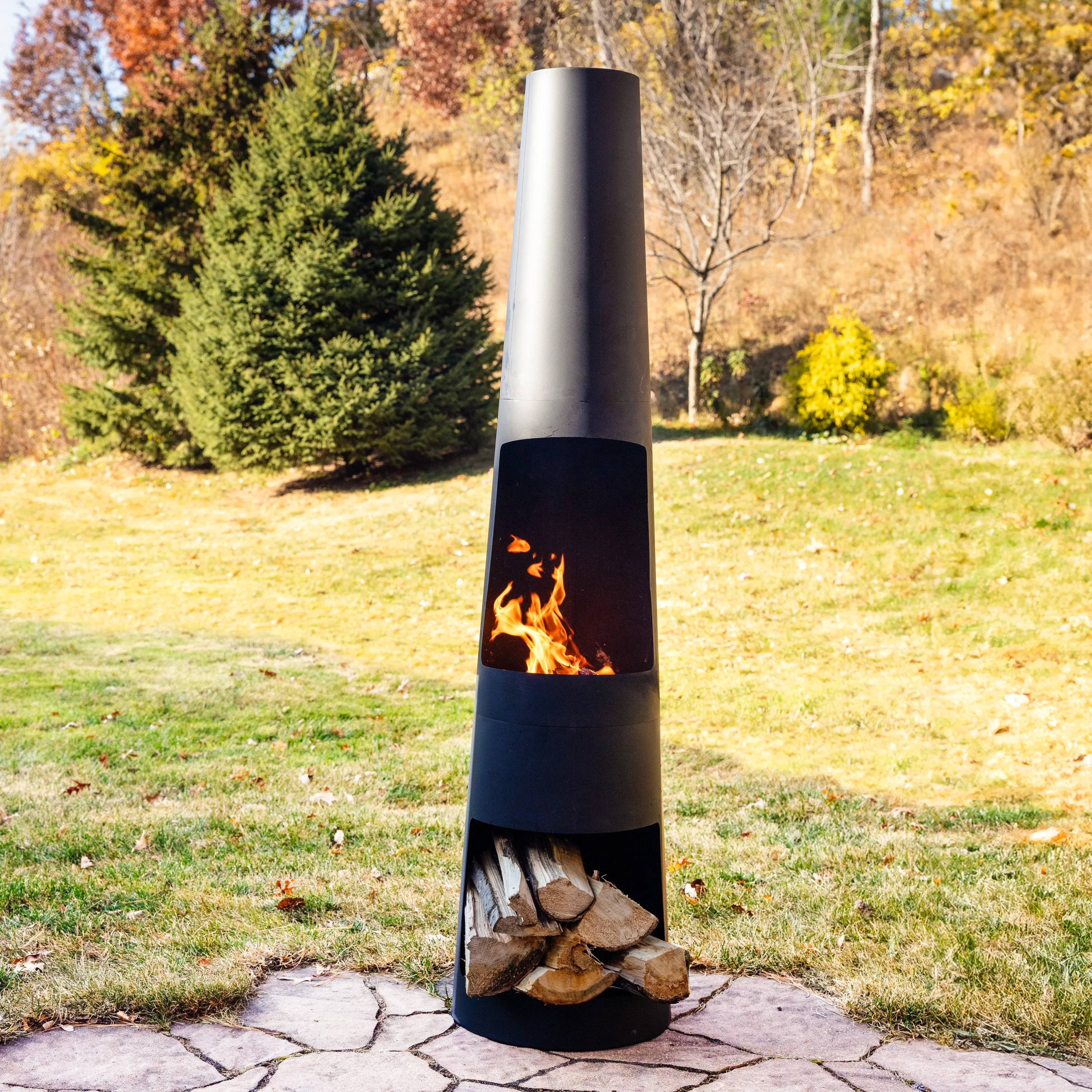 Sunnydaze 59" H Steel Fire Pit Chiminea with Built-In Log Holder