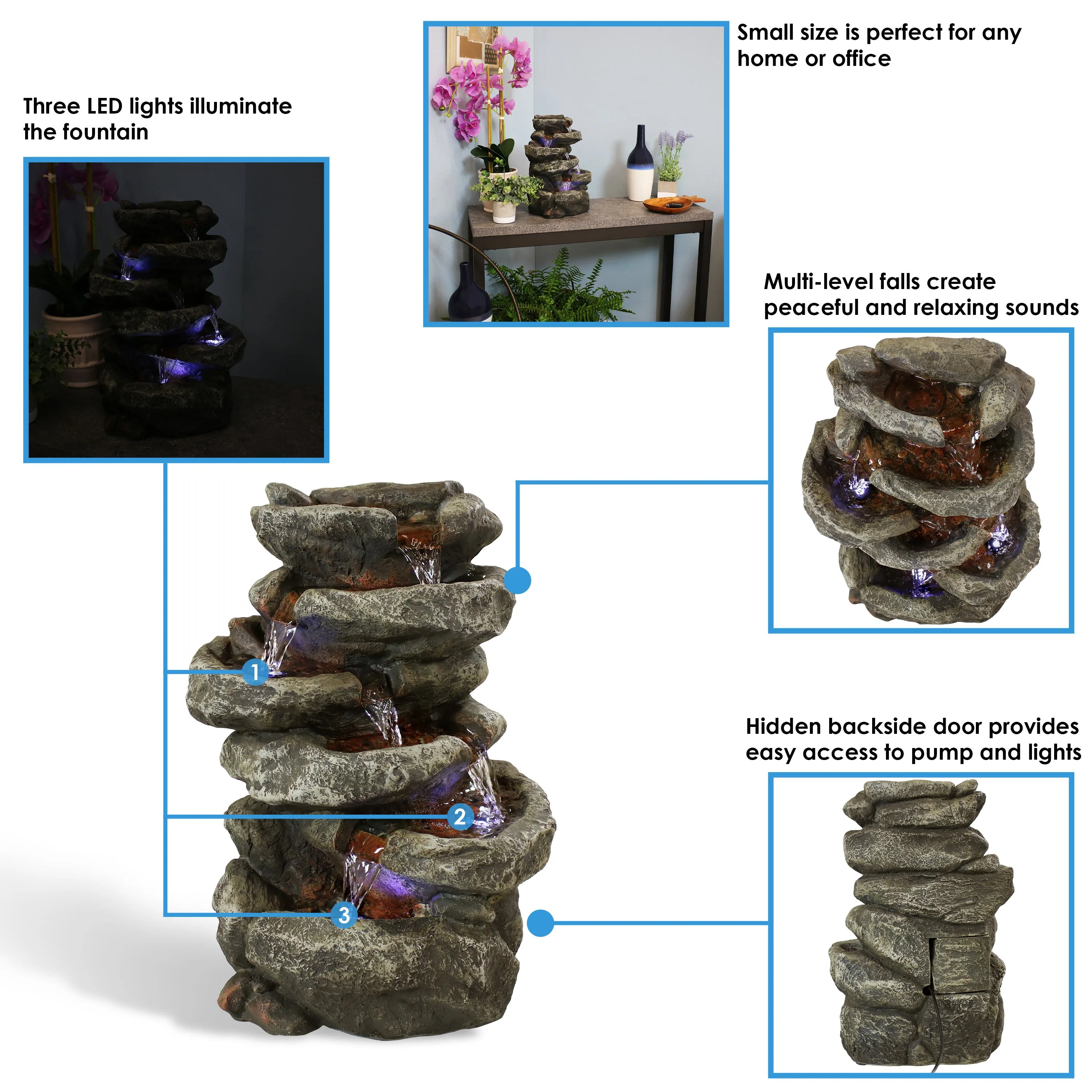 Sunnydaze 6-Tier Stone Falls Indoor Tabletop Fountain with LED Light - 15"