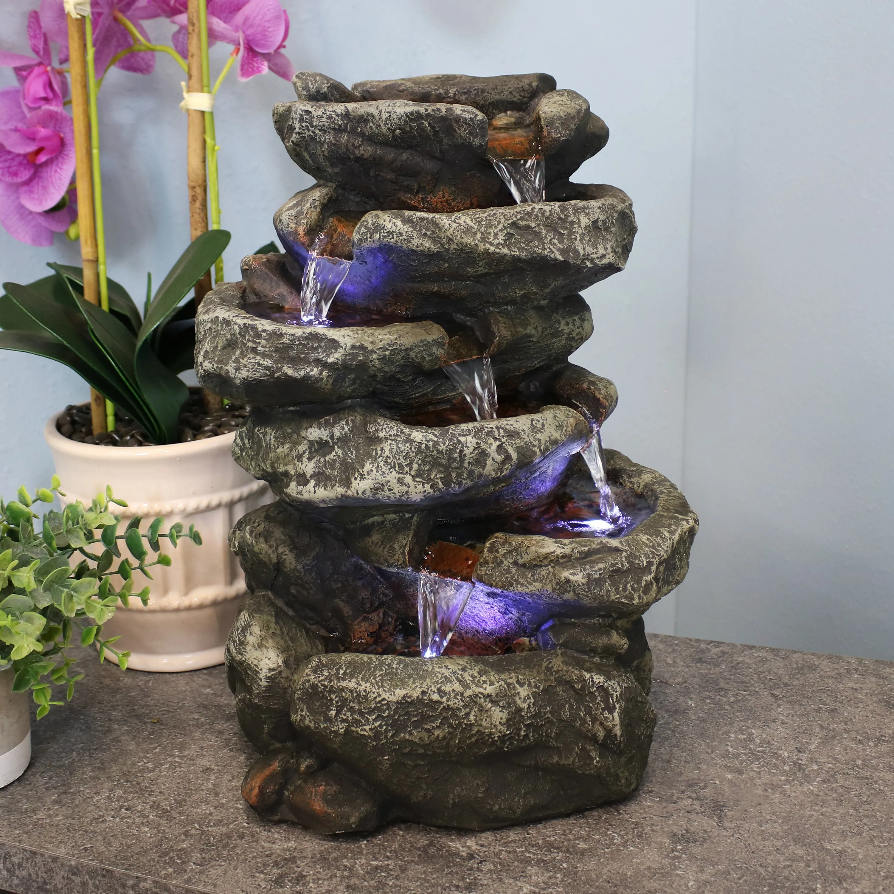 Sunnydaze 6-Tier Stone Falls Indoor Tabletop Fountain with LED Light - 15"