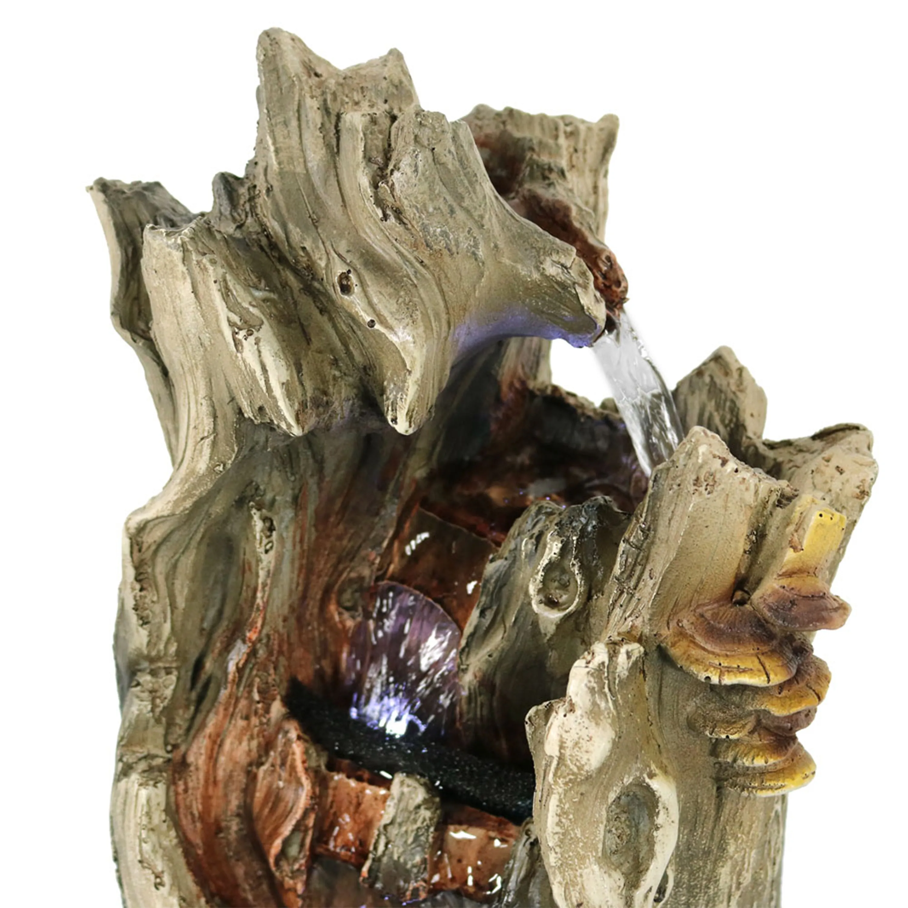 Sunnydaze Cascading Caves Tree Trunk Waterfall Fountain with LED Lights - 14"