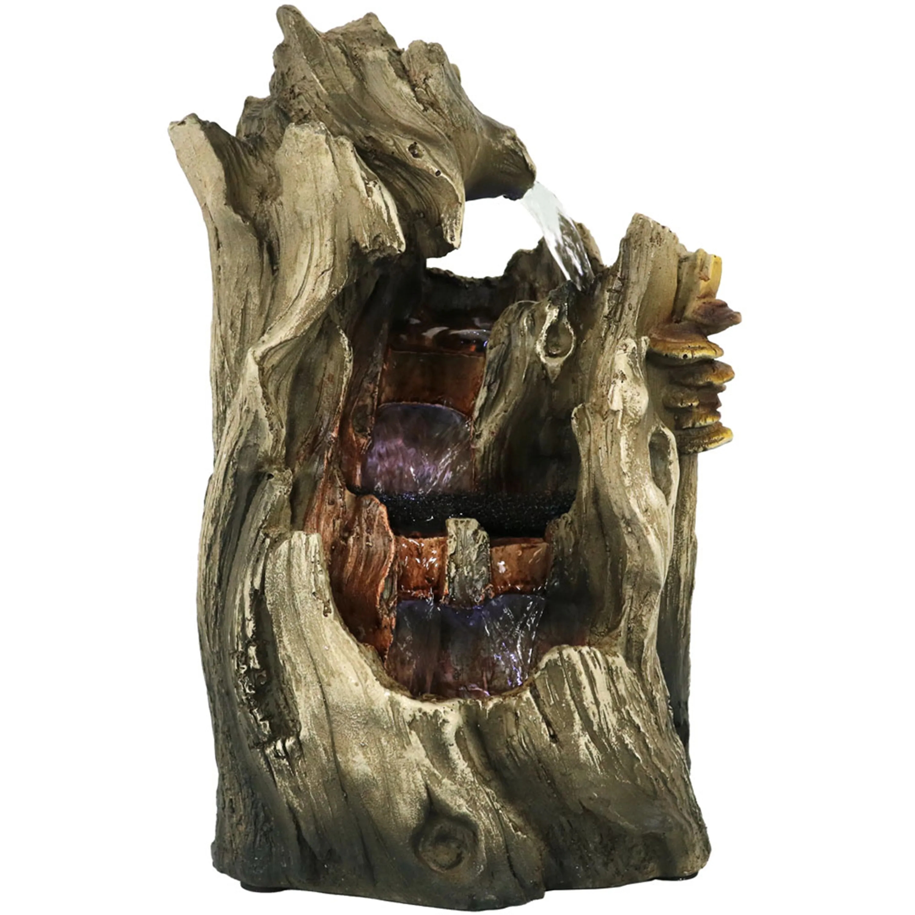 Sunnydaze Cascading Caves Tree Trunk Waterfall Fountain with LED Lights - 14"