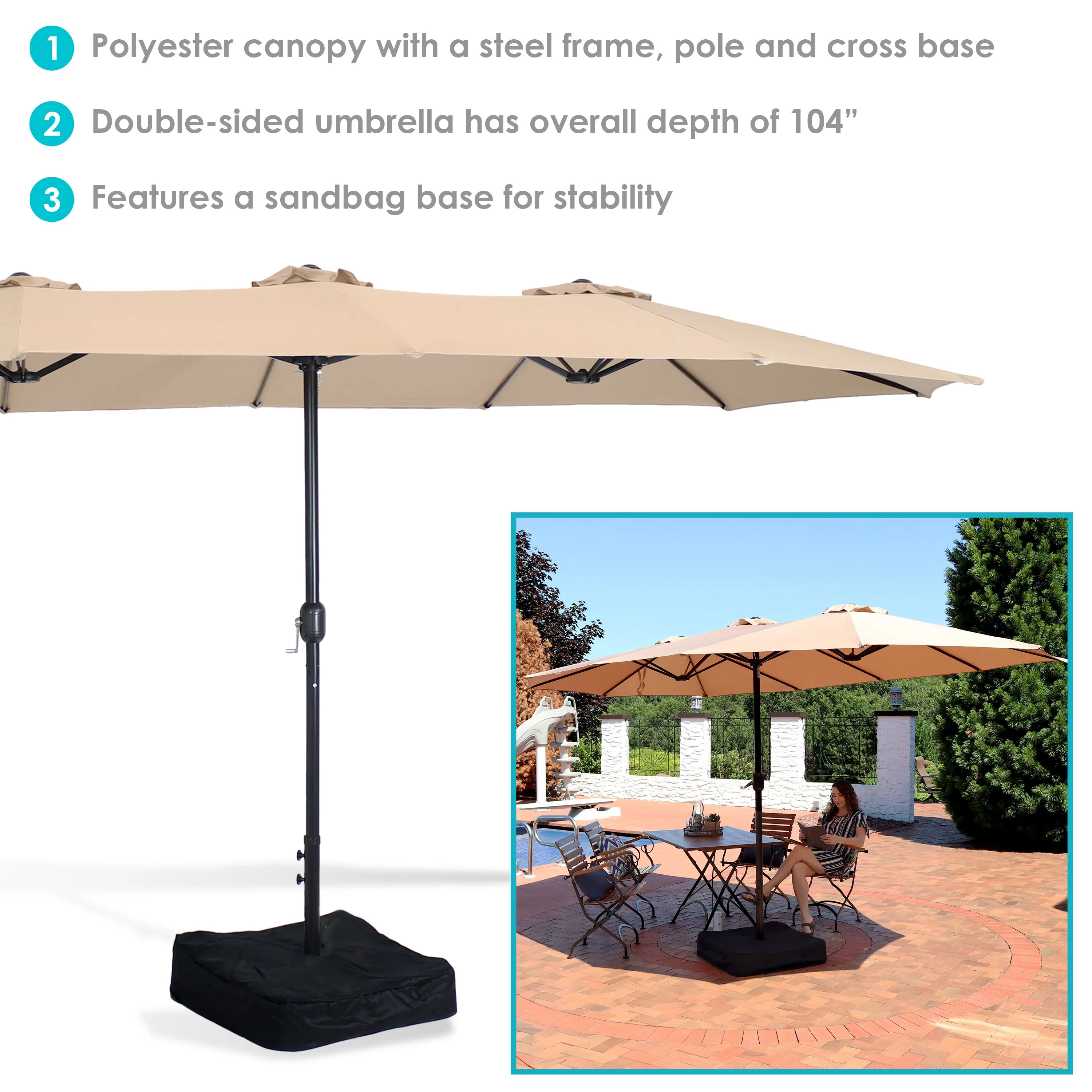 Sunnydaze Double-Sided Patio Umbrella with Sandbag Base - 15'