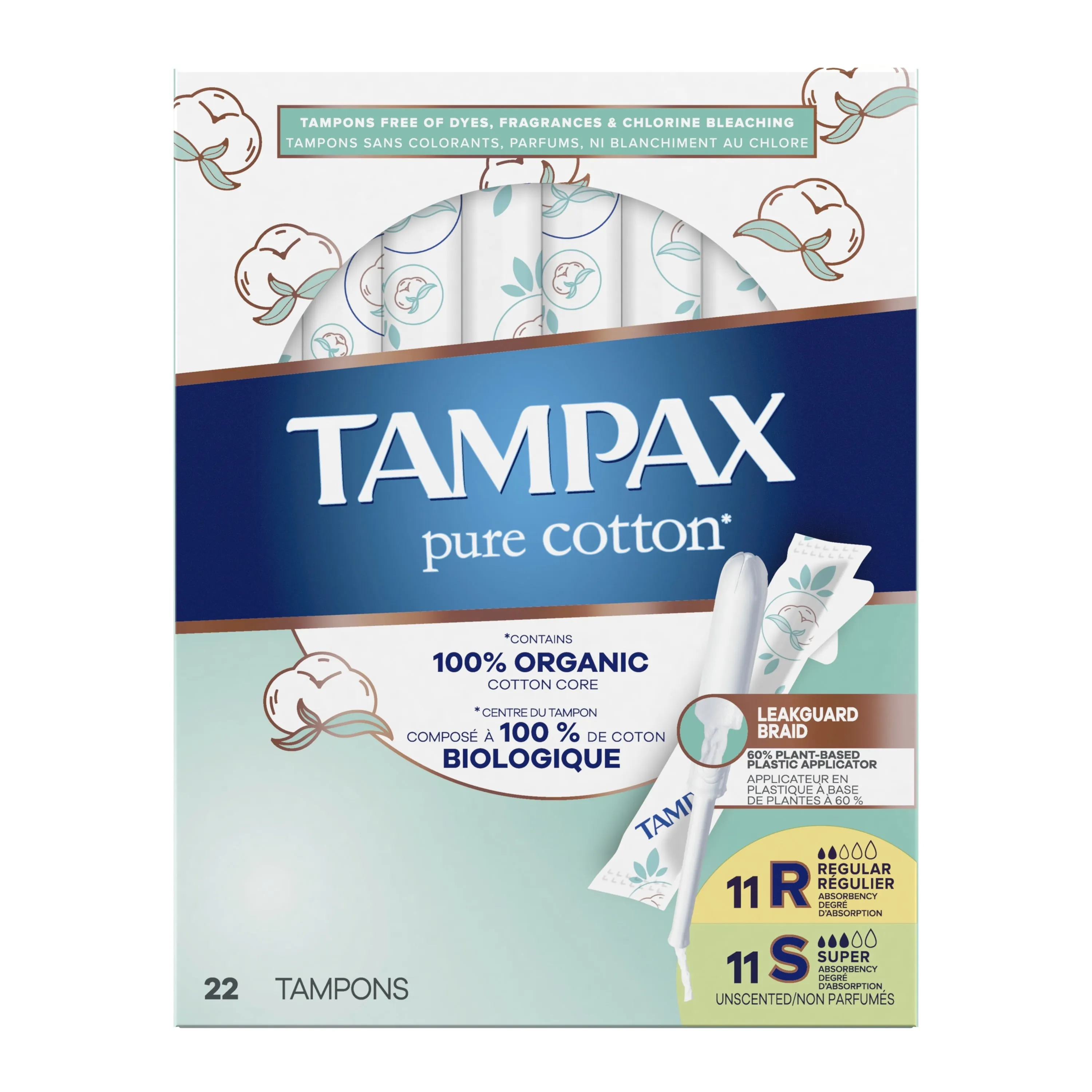 Tampax Pure Cotton Tampons, Unscented, Regular/Super Absorbency, 22 Ct