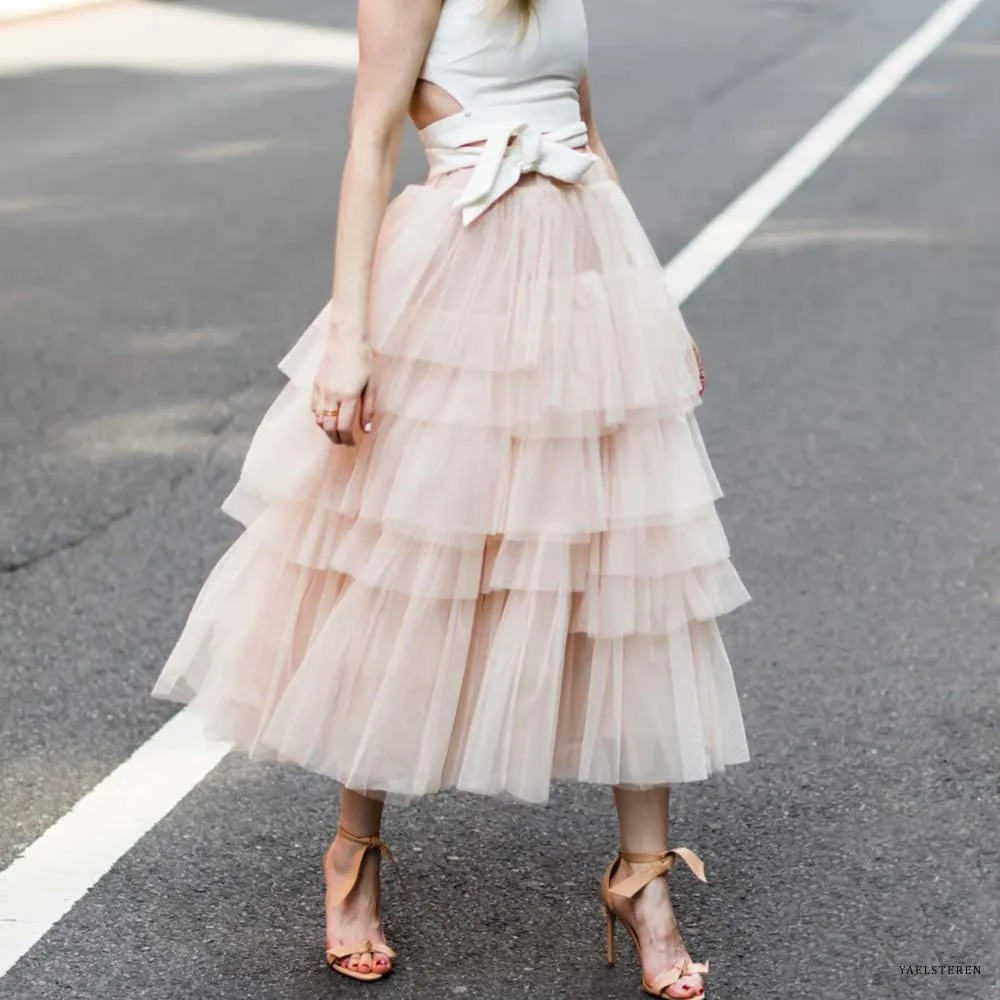 Tiered Layered Mesh Nude Pink Party Tulle A-line Midi Skirt