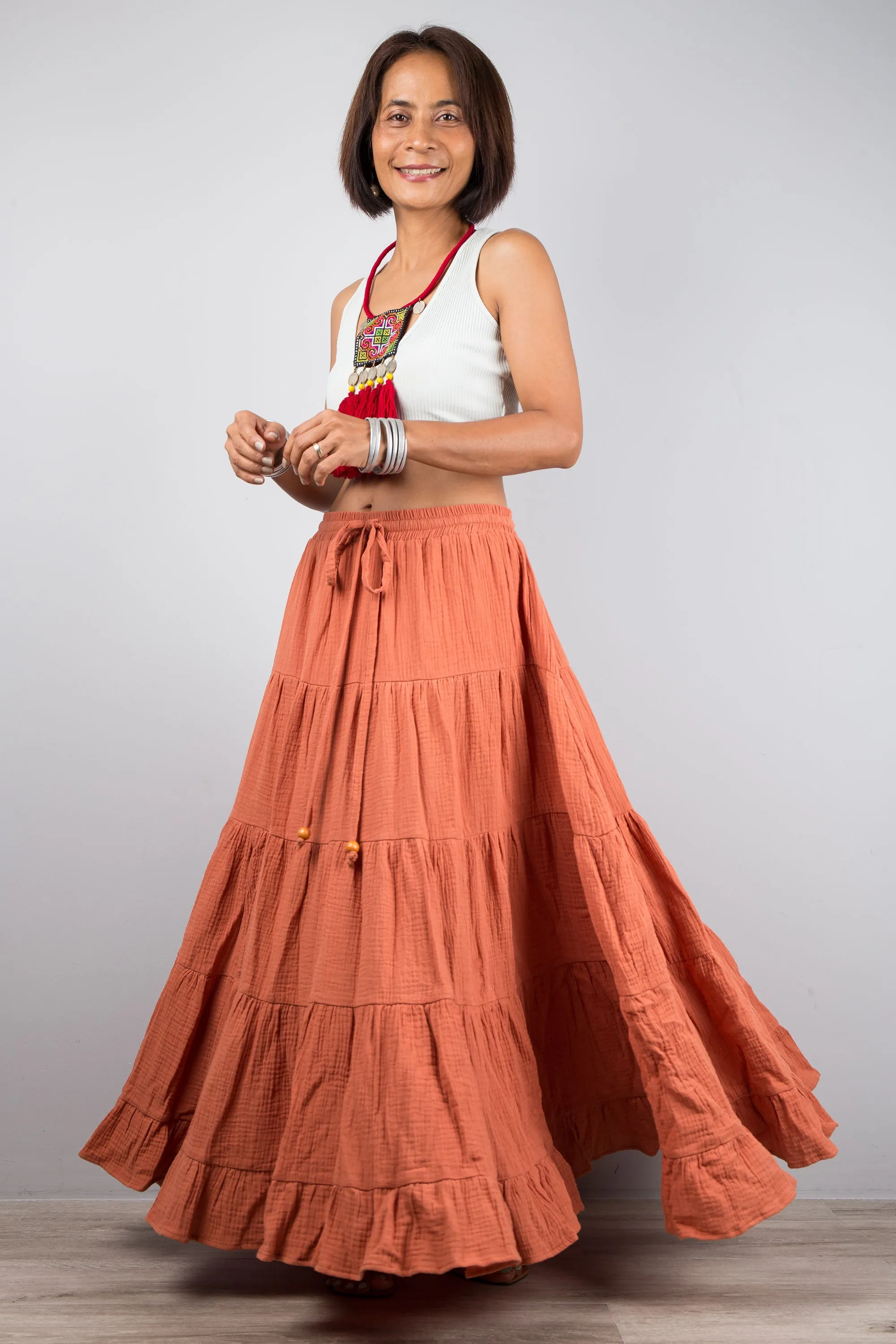 Tiered orange peasant maxi skirt