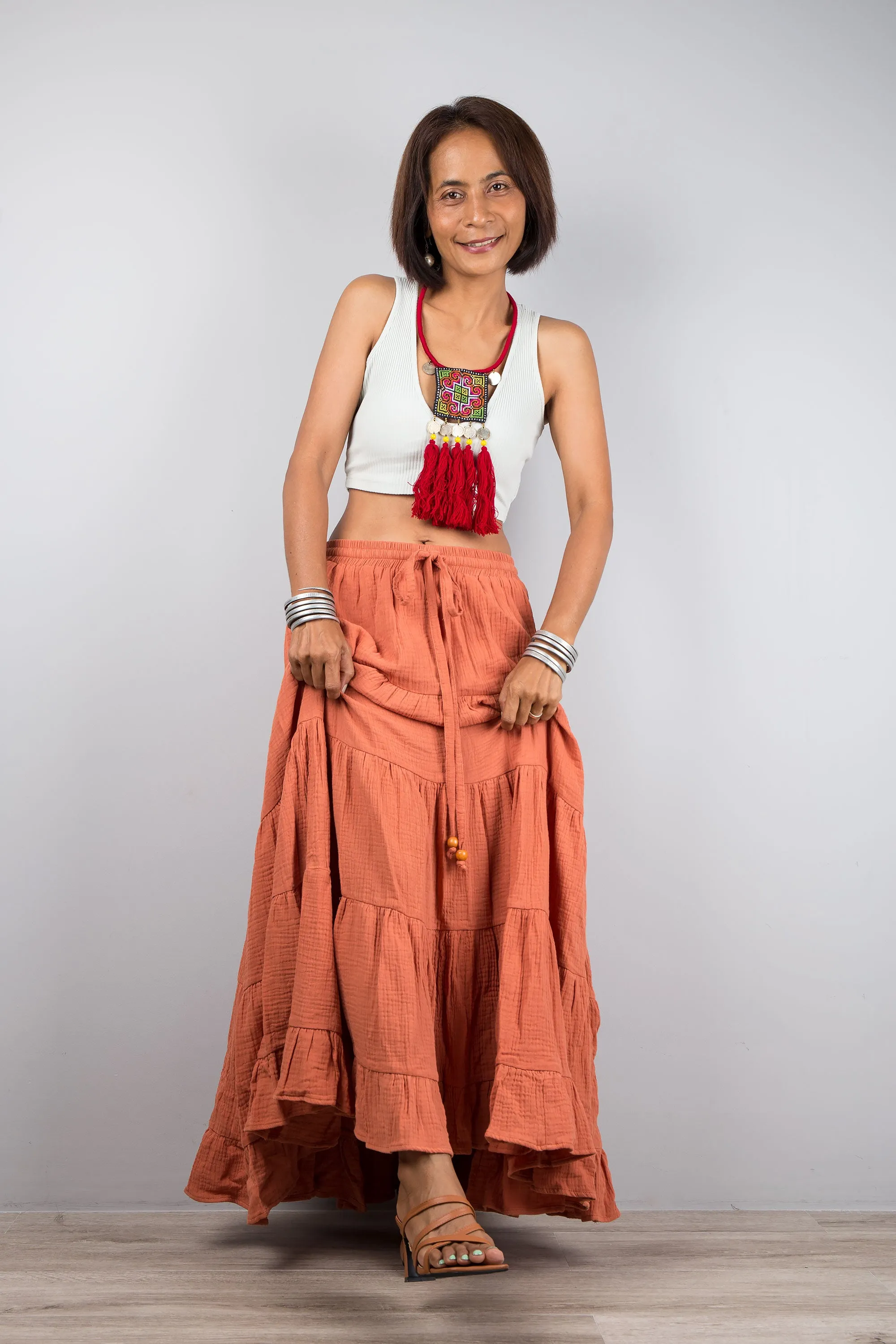 Tiered orange peasant maxi skirt