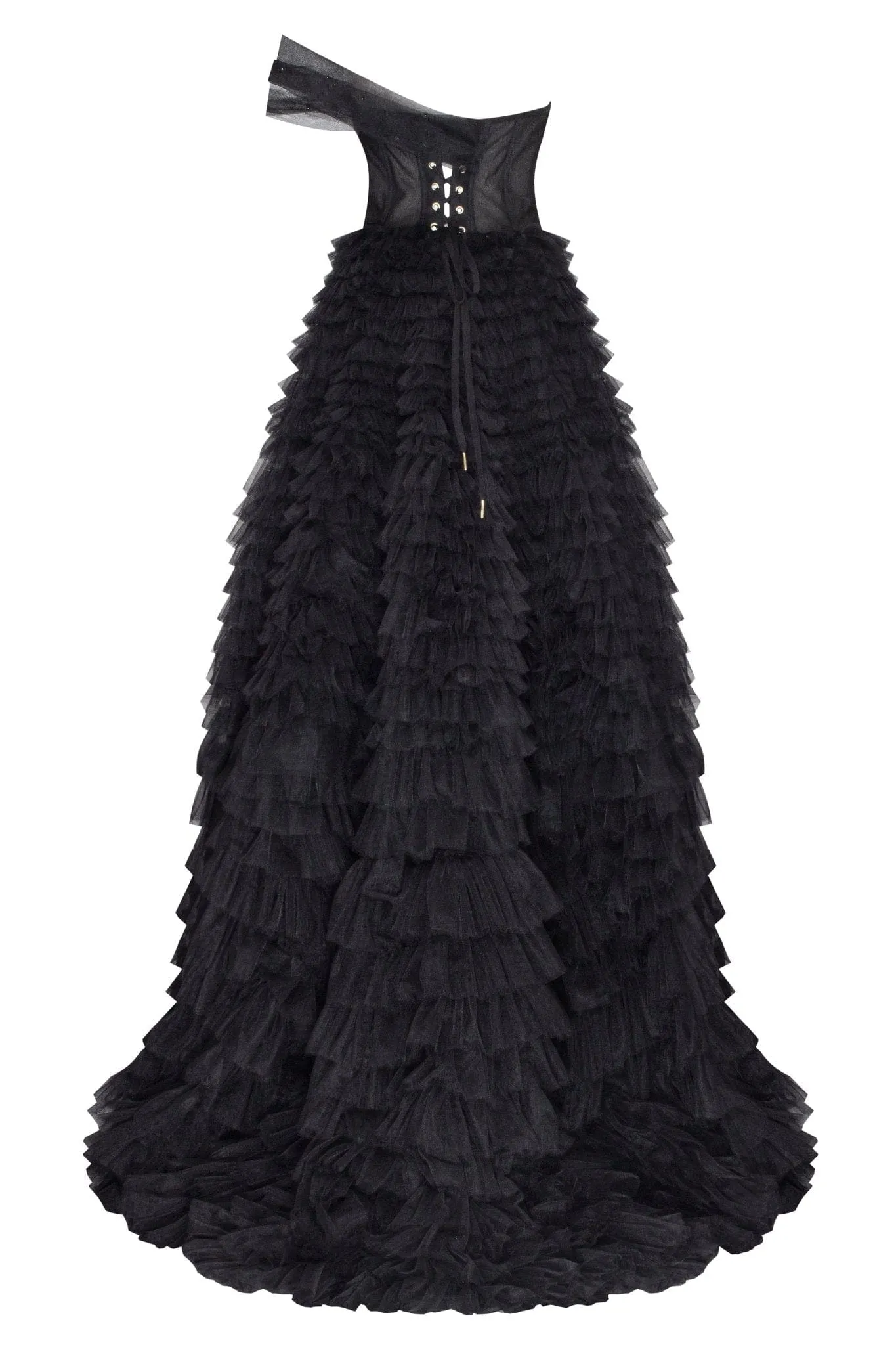 Timeless one-shoulder frill-layered ball gown in black