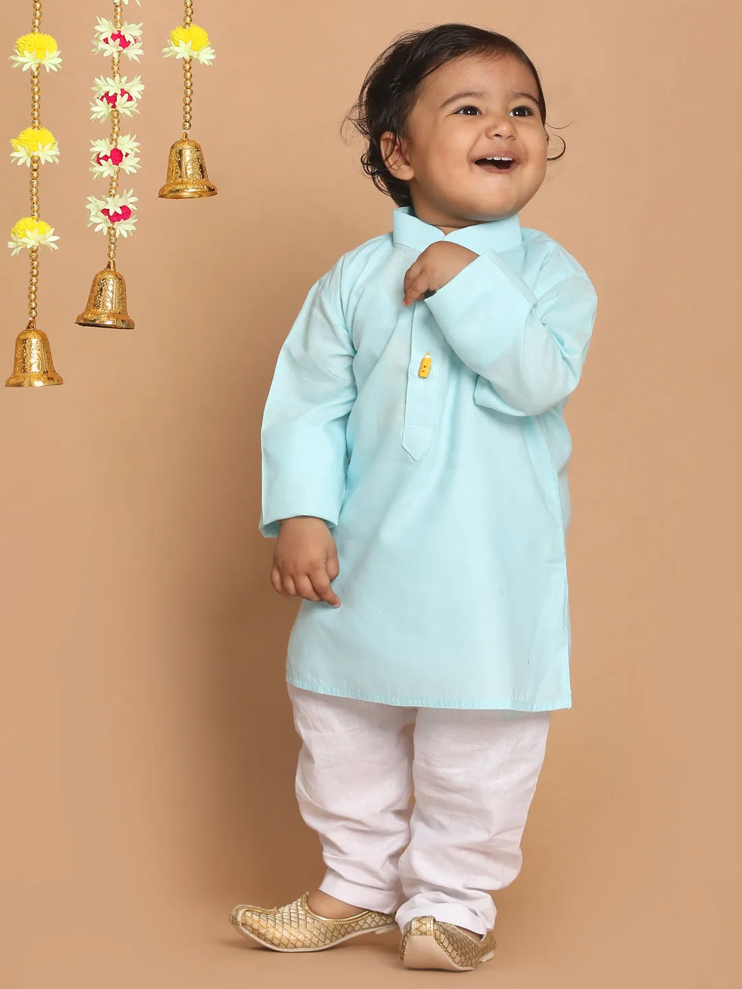 VASTRAMAY Boy's Aqua Blue Kurta With White Pyjama Set