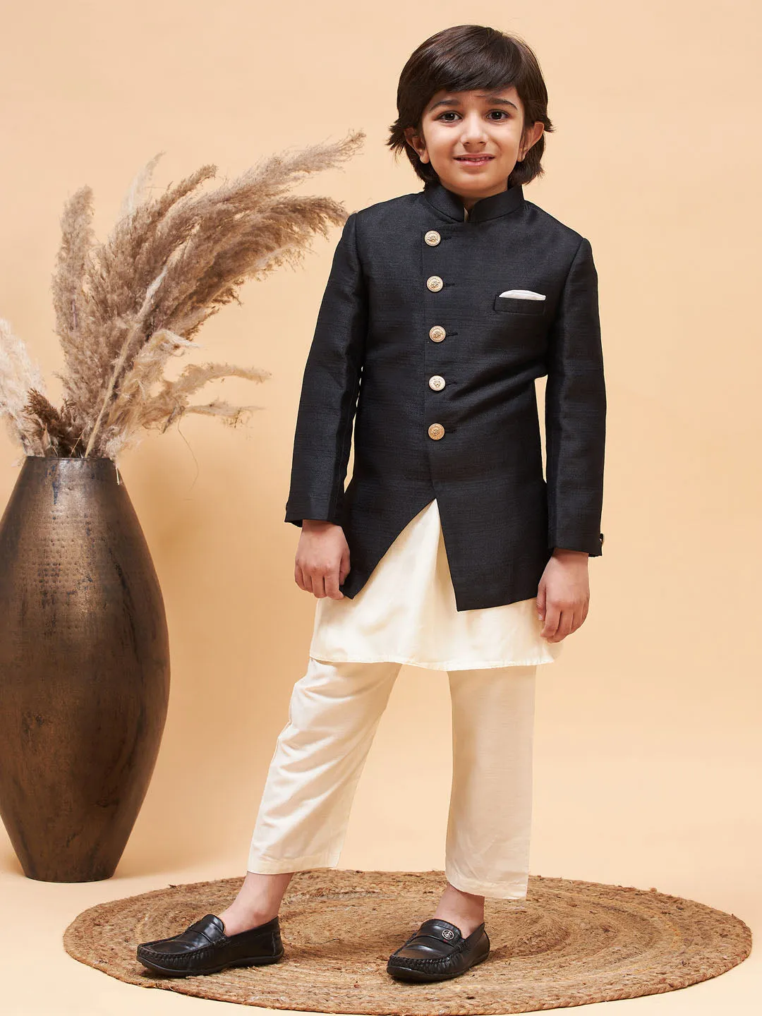 VASTRAMAY Boy's Black Indo Western Jacket With Cream Kurta And Pyjama Set