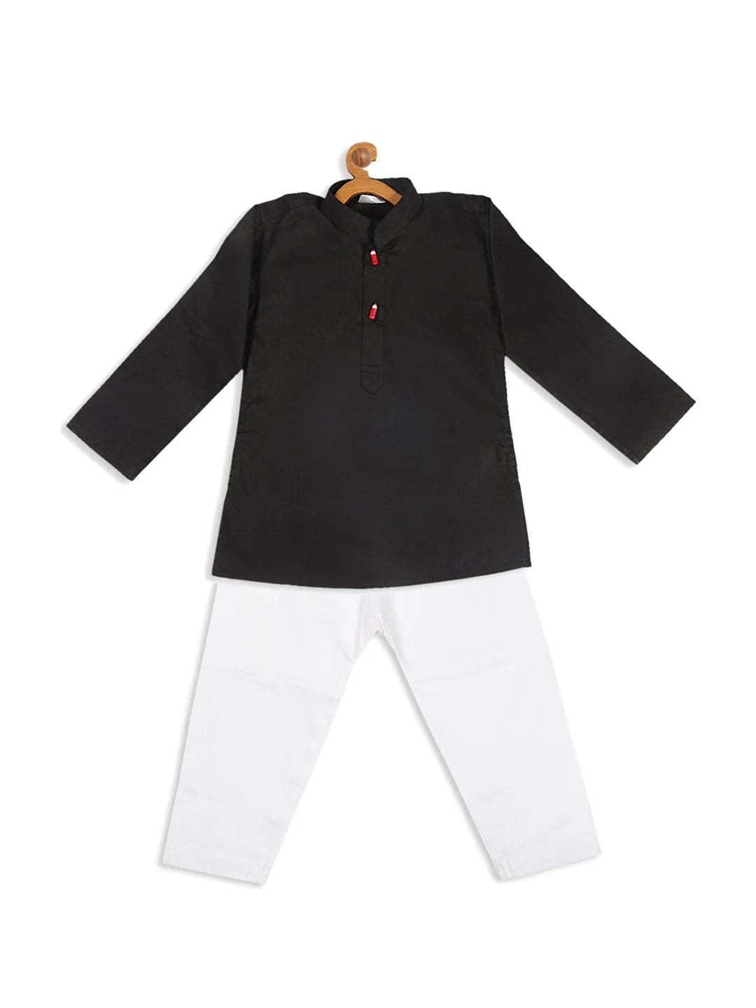 VASTRAMAY Boy's Black Kurta With White Pyjama Set