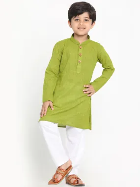 VASTRAMAY Boy's Green & White Striped Kurta With Solid Pyjama Set