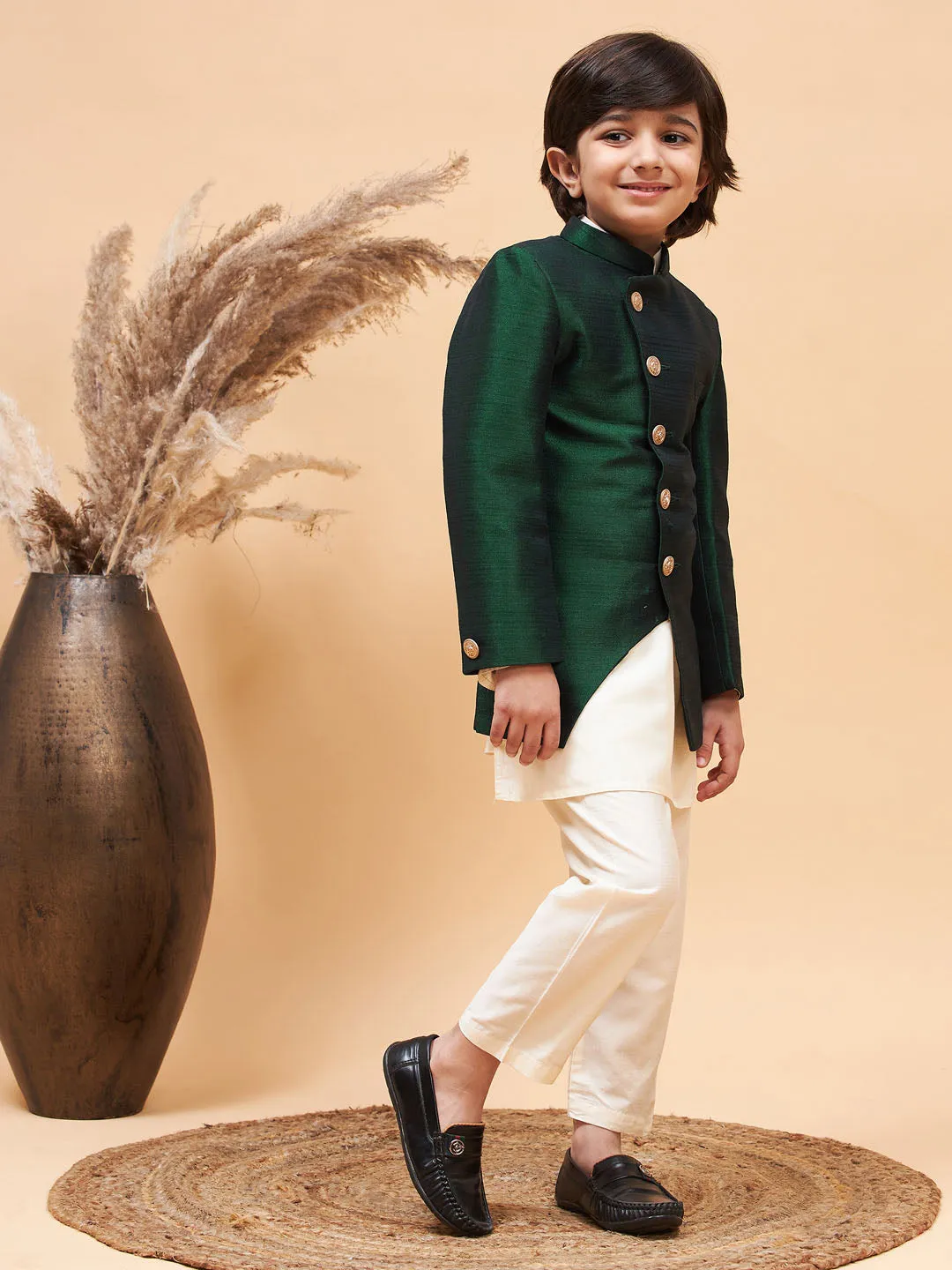 VASTRAMAY Boy's Green Indo Western Jacket With Cream Kurta And Pyjama Set