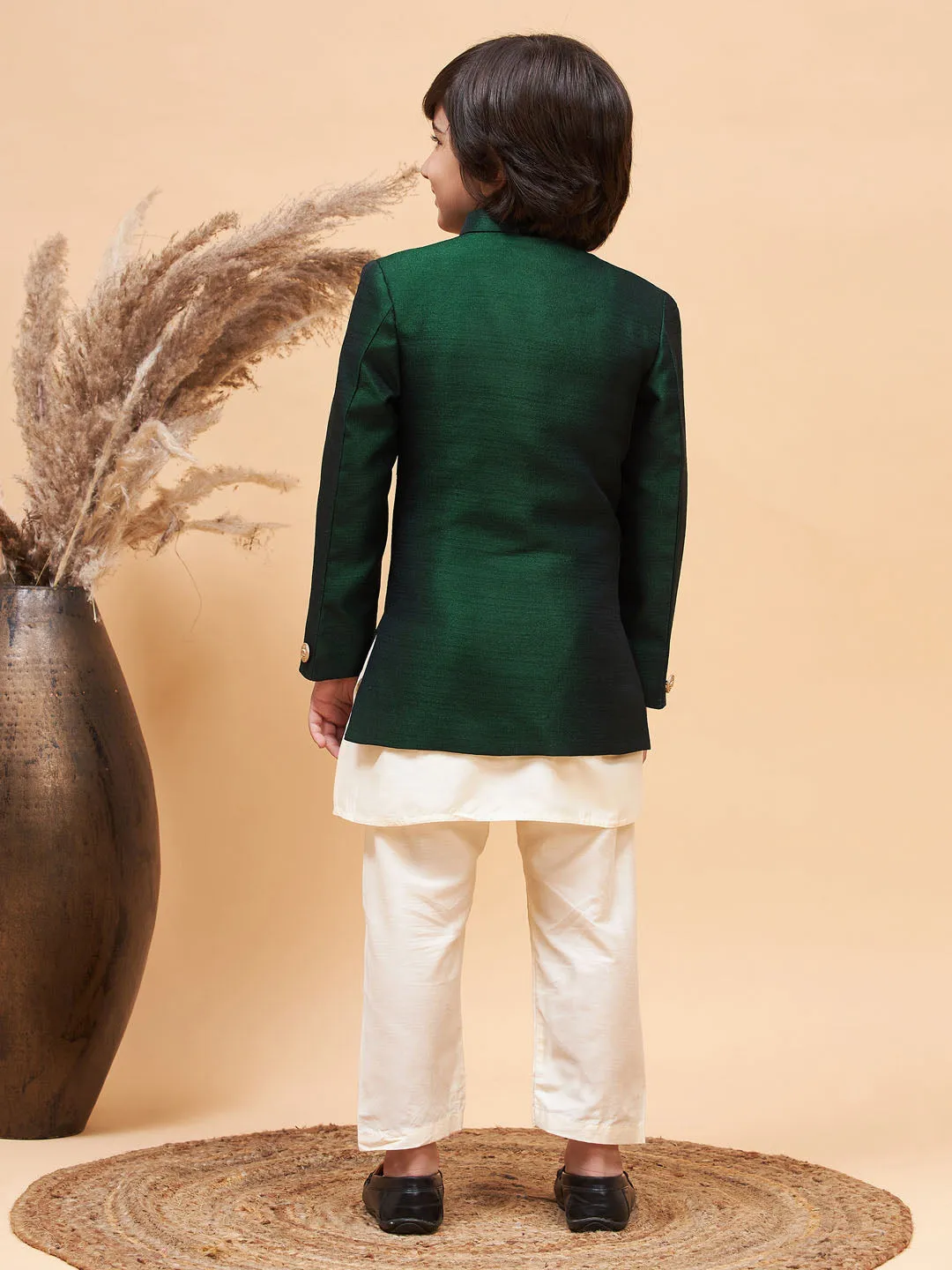 VASTRAMAY Boy's Green Indo Western Jacket With Cream Kurta And Pyjama Set